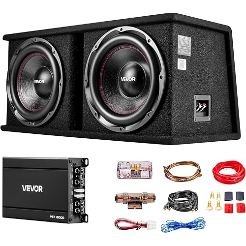 VEVOR Subwoofer Bass Package, 12 in, 1200W RMS, Dual Car Audio Subwoofer and Amp Package, with Loaded Enclosure, Separate Amplifier, and Wiring Kit, for Various Vehicles Trunks, Car Audio Systems