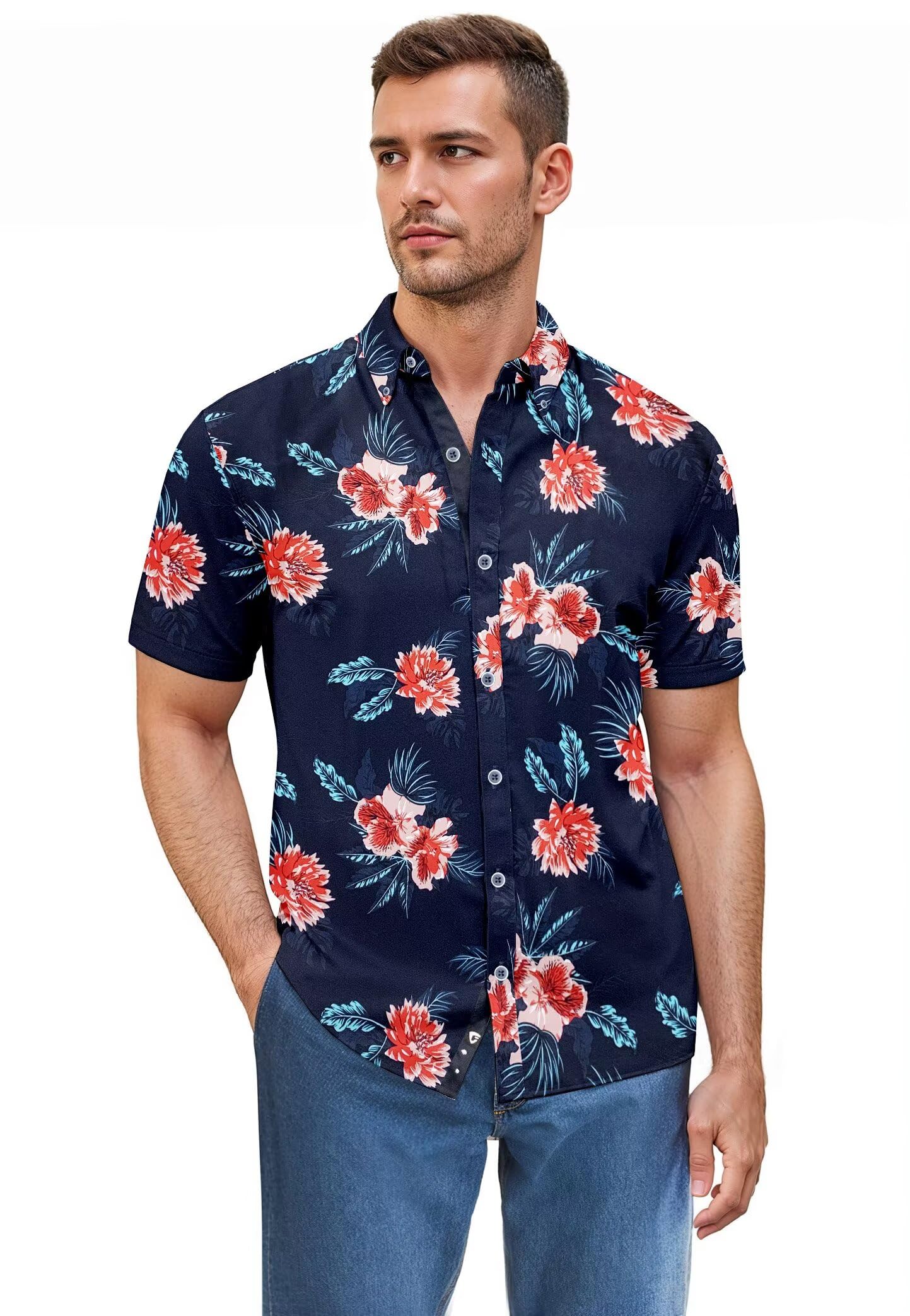 ETHANOL Men Classic Slim Fit Performance Woven Short Sleeve Wrinkle Resistant Print Shirt