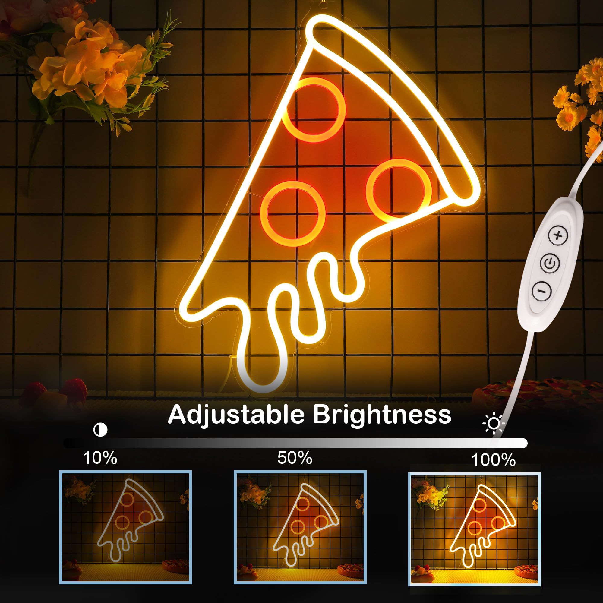 CoolGift Mart Insegna al neon a forma di pizza, luce LED dimmerabile, perfetta per negozio, ristorante, cucina, grotta degli uomini, decorazione per feste di compleanno; regalo ideale per bambini