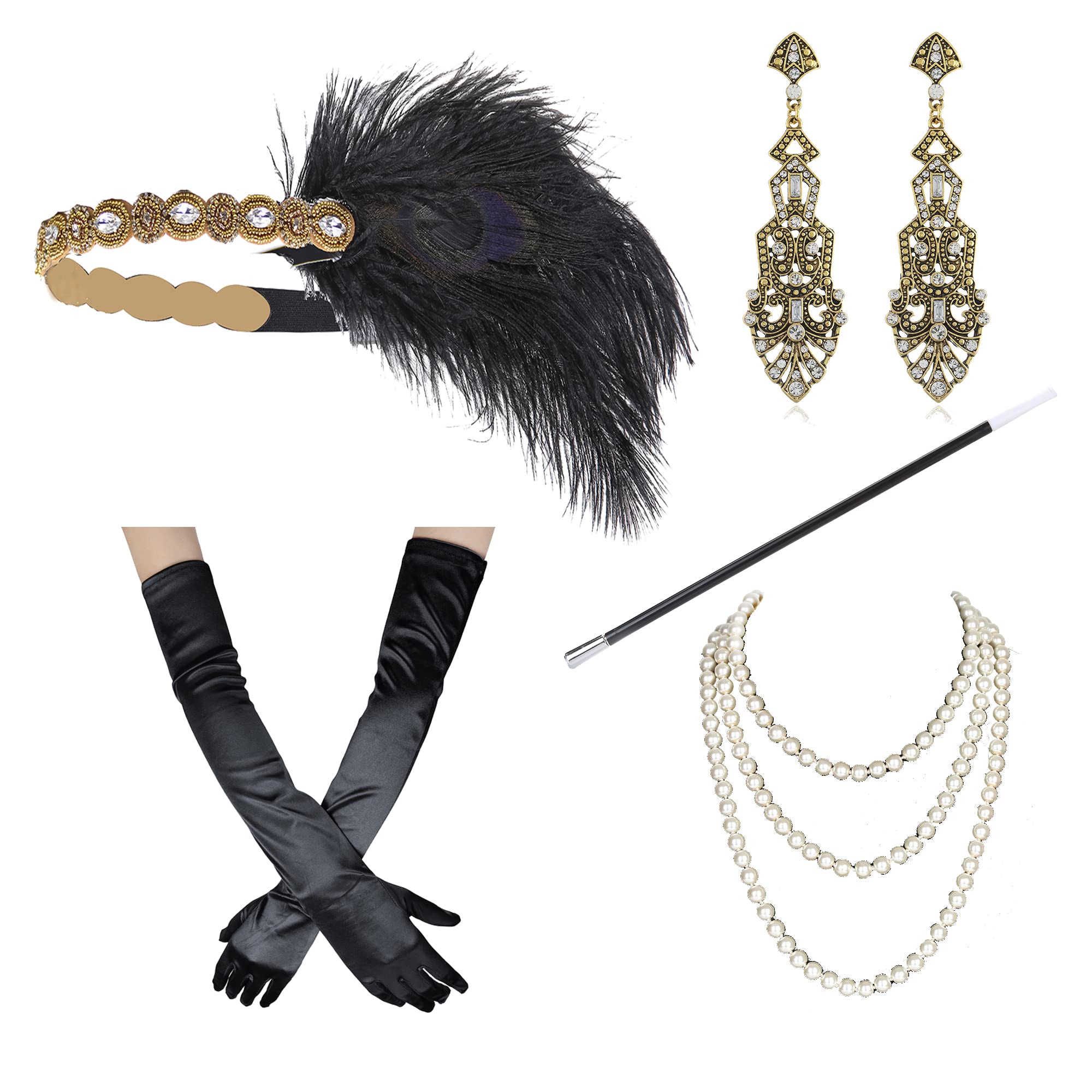 Photo 1 of HNBQMX 1920s Flapper Accessories Headband Set Gatsby Flapper Costume Accessories Earrings Necklace Gloves for Women Set7