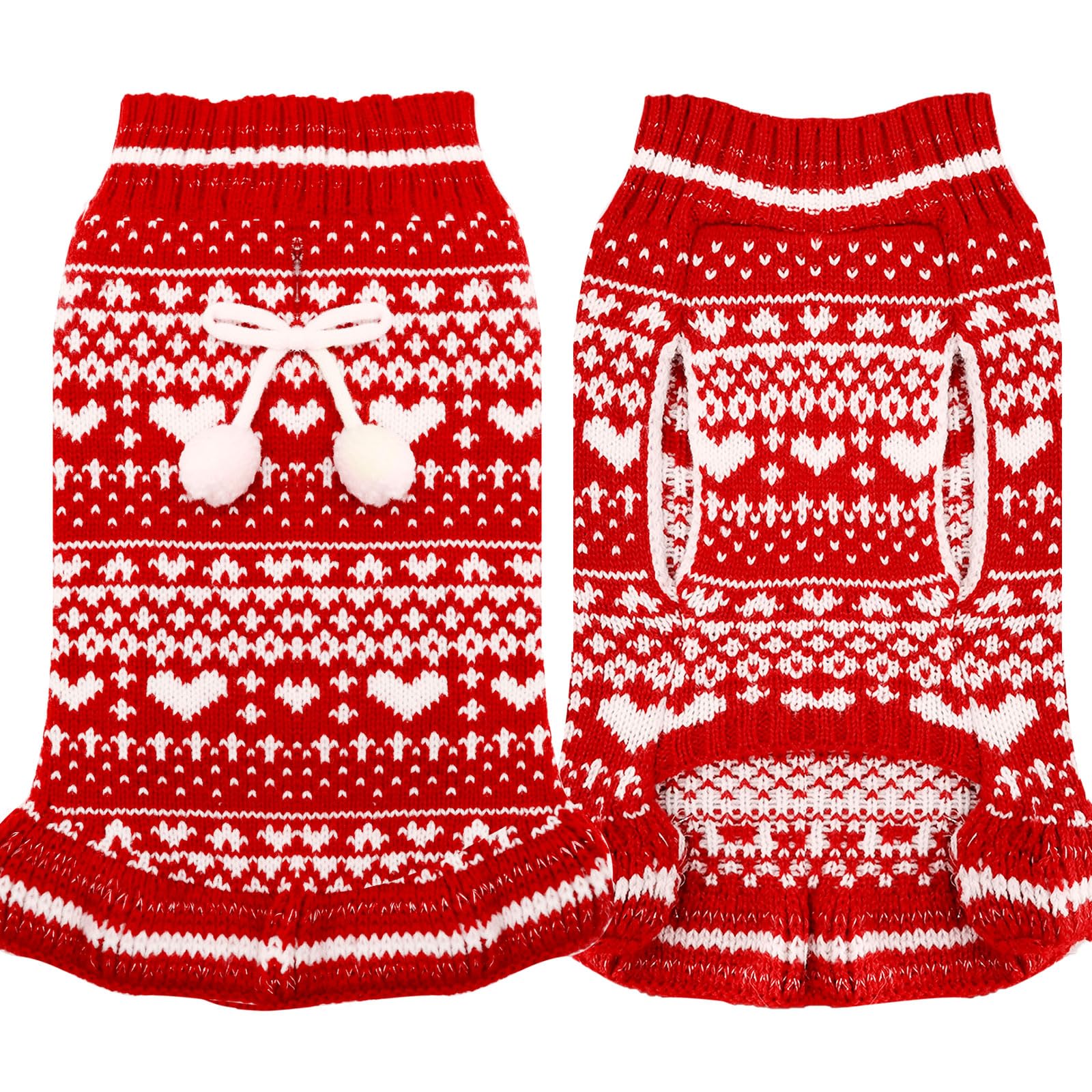Hundepullover Mit Bommel & Leinenloch – Warmes Strickkleid Für Kleine Hunde, Rollkragen, Rot