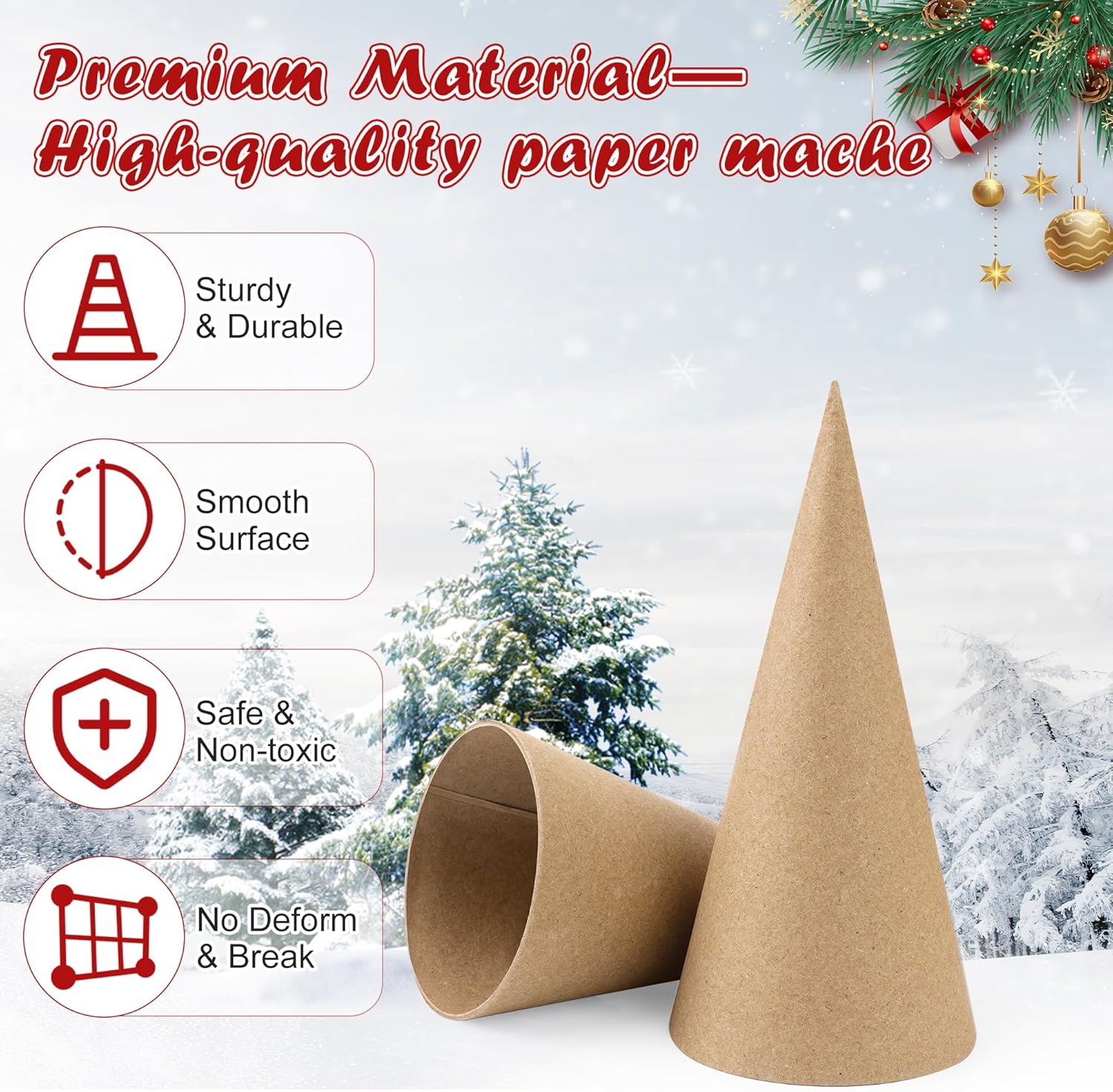 15PCS Paper Mache Cone Open Bottom, Luxiv 3P 13.75x5 in, 6P 10x4 in, 6P 6x2.75in Thick Cardboard Christmas Tree Paper Blank Cones for Crafts DIY Art Projects Gnomes Decorations Cones