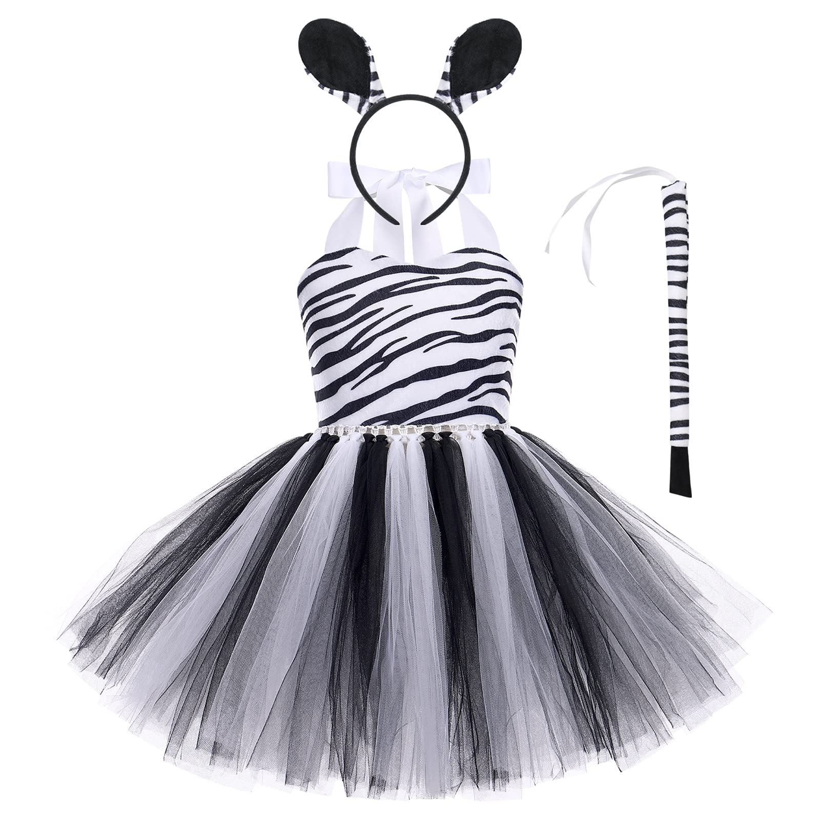 IMEKIS Kid Baby Girls Animal Cosplay Costume Princess Fancy Dress Up Cow Tiger Leopard Giraffe Tulle Dress with Headband Tail 3PCS Halloween Christmas Carnival Outfit White-Zebra 6-12 Months — image 1