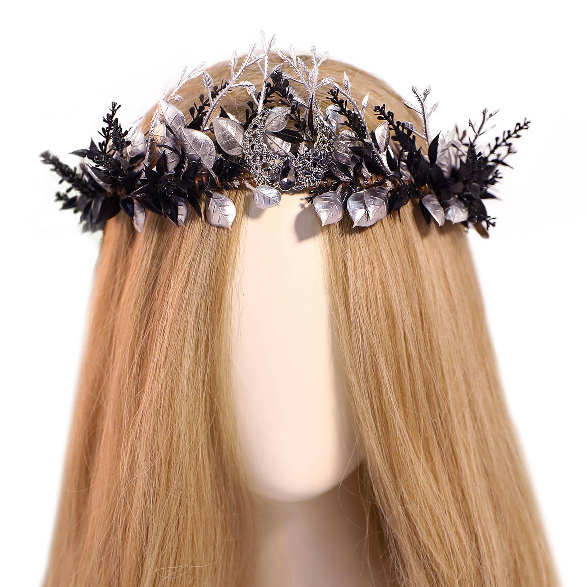 MOSTORY Black Elf Flower Crown - Fairy Woodland Headpiece Forest Floral Headband Black Elven Tiara for Women Renaissance Halloween Medieval Party