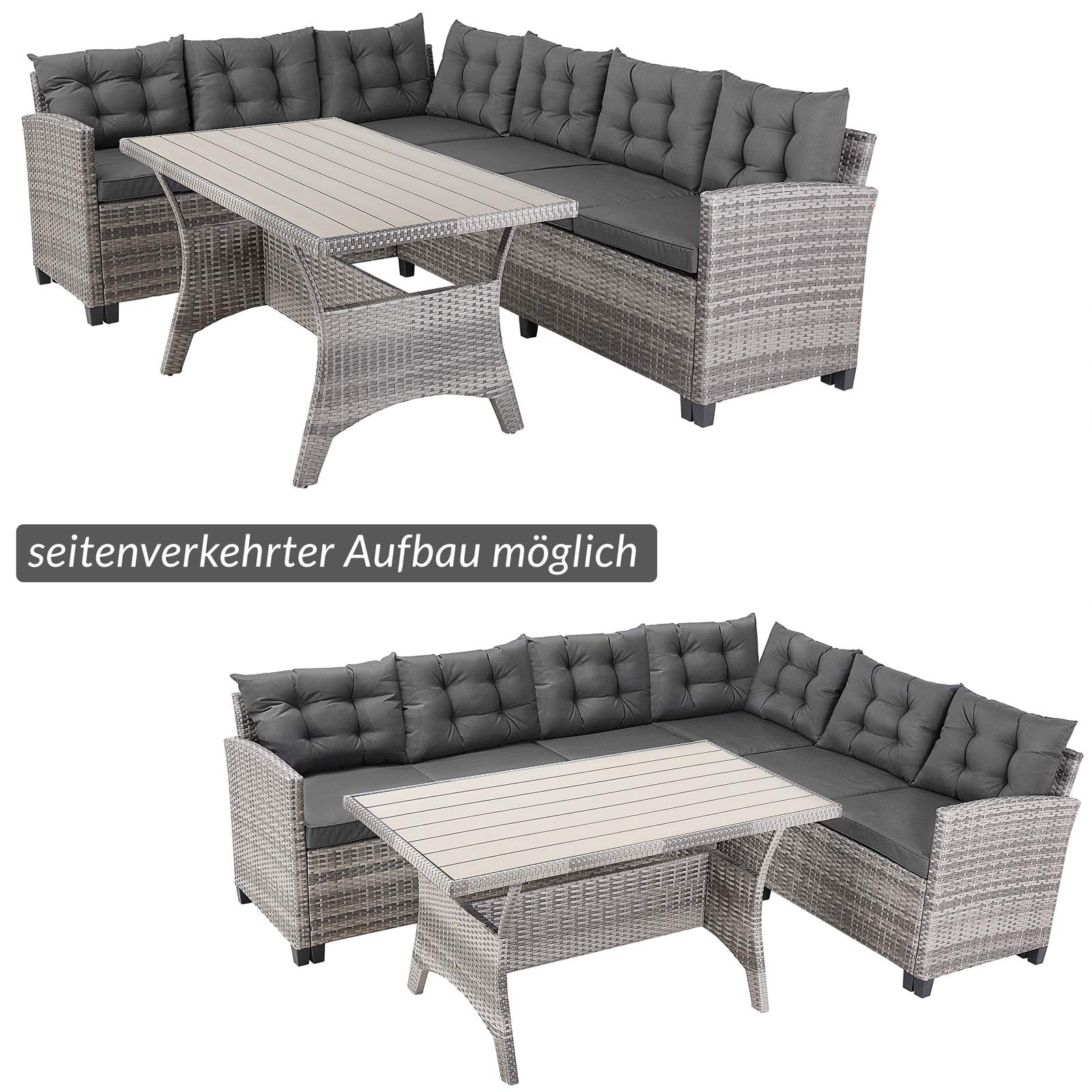 CASARIA® Conjunto Jardin Exterior Poliratán Comedor WPC Sillones Esquineros con Cojines Mesa 6 Personas Resistente Intemperie Muebles Salón Balcón Terraza Gris