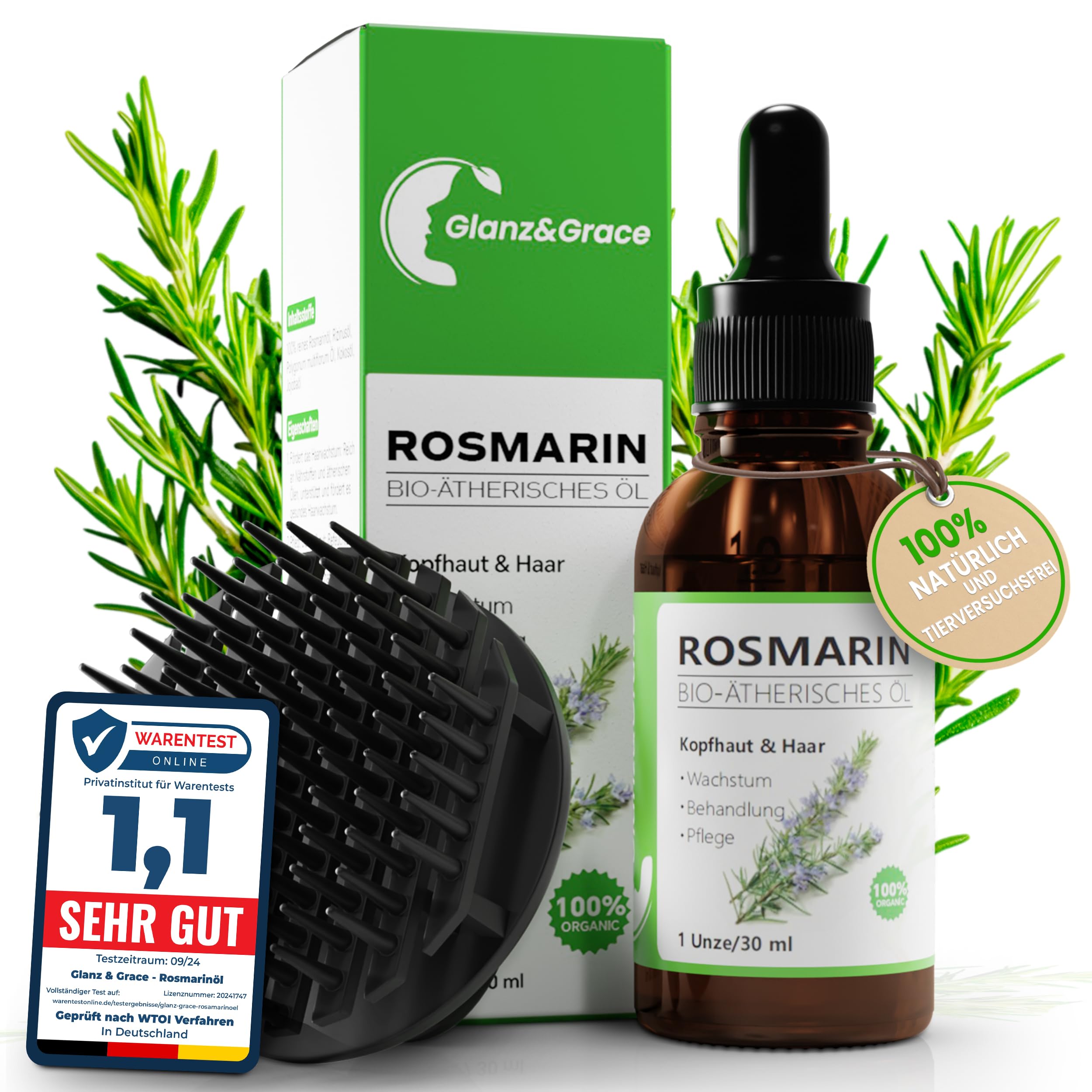 Glanz & Grace Rosmarin Haaröl 30 ml Natürliches Pflegeöl für Kopfhaut & Haar mit Jojoba-, Kokos- und Rizinusöl - geschmeidig glänzend und gepflegt aussehendes Haar