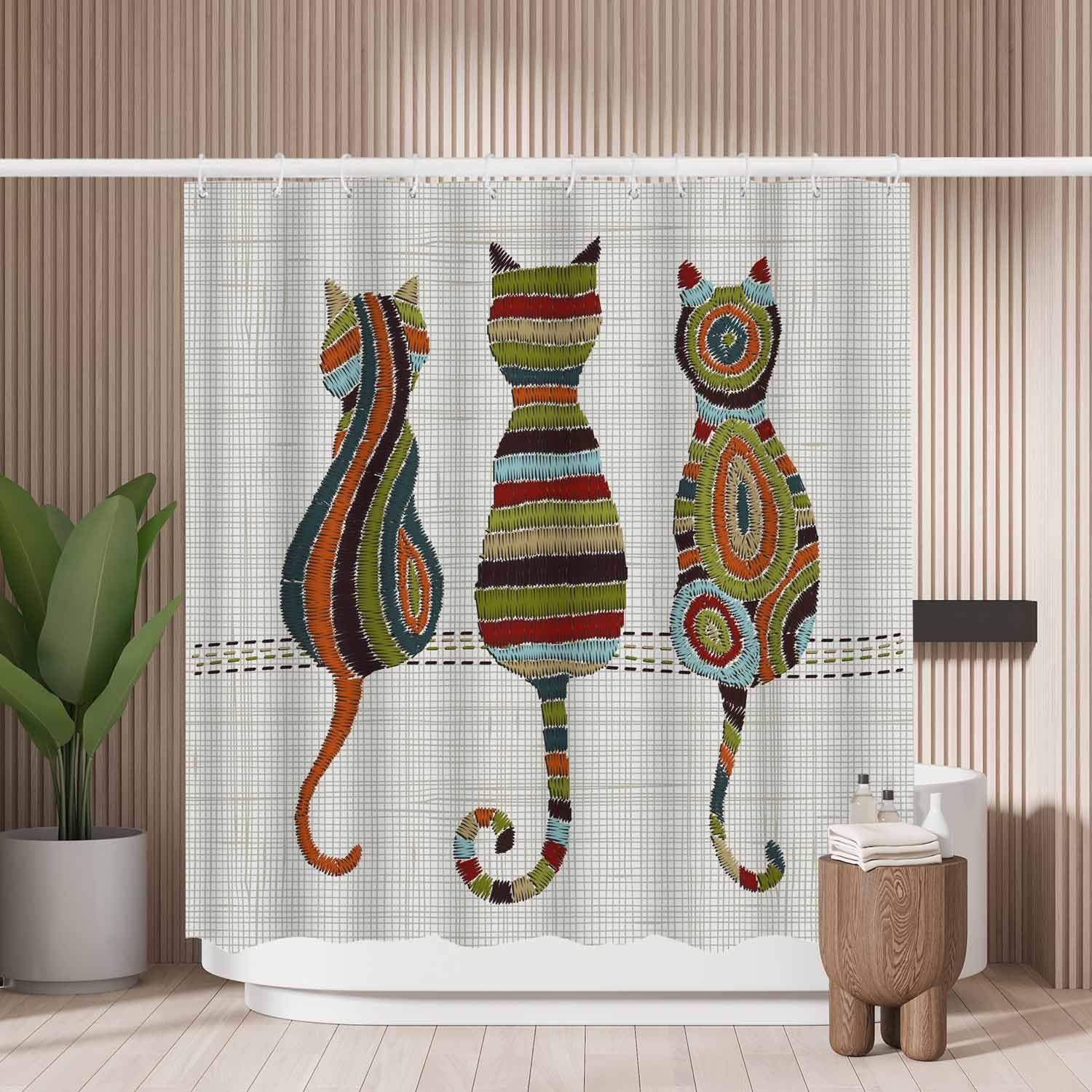 Woutay Shower Curtain Mould Proof Resistant Folk Embroidery Cats,Water Repellant Fabric,Polyester,Size 180x180CM