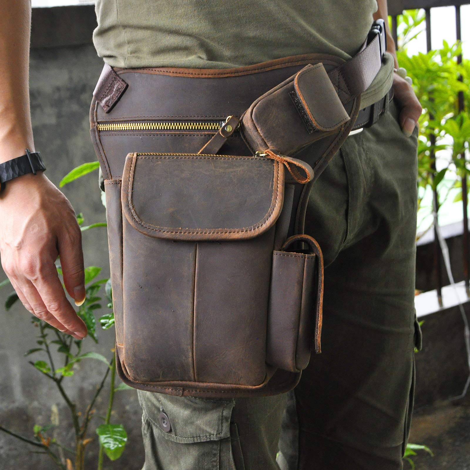 Le'aokuu Hombres Cuero Genuino Bolso Cintura Bolsa de Pierna Bolsa para Hombres Bolso Multifuncional Militar Táctico Moto Bicicleta Senderismo Deportes Camping Montar 3106