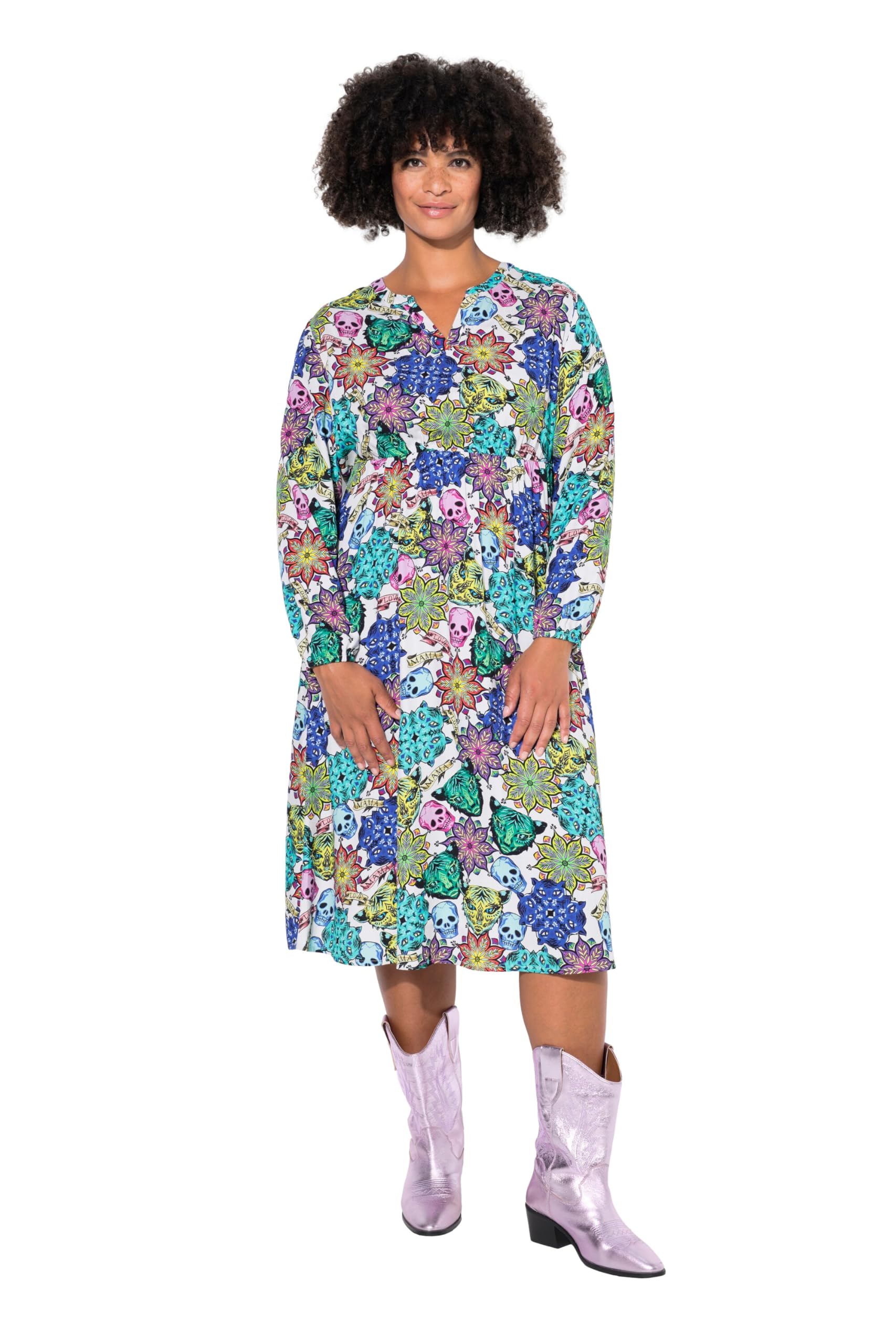 Angel of Style Damen große Größen Übergrößen Plus Size Midikleid, Totenkopf-Alloverdruck, Langarm 837324