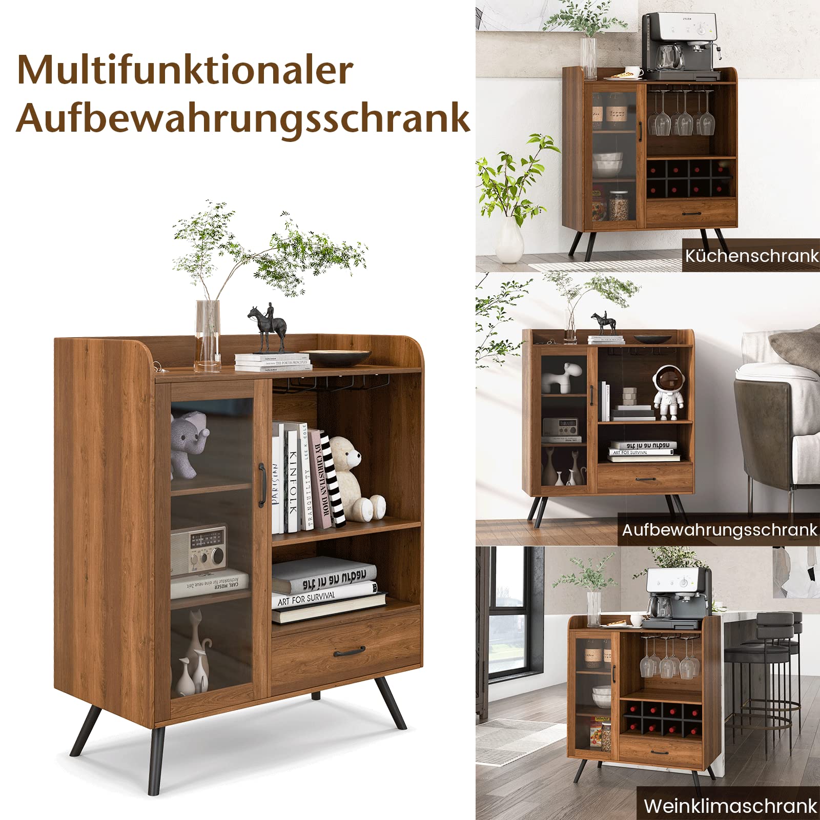 COSTWAY Küchenschrank, mit Weinregal und integrierten Glashaltern, Buffetschrank Holz, Sideboard mit Schublade & Glastür, Vintage, 80 x 40 x 95 cm