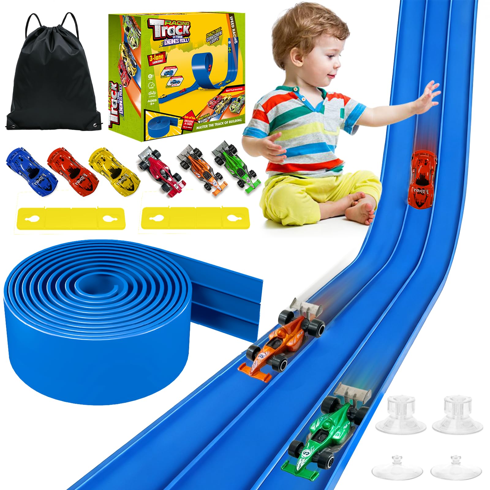 Photo 1 of 3-Lane Flexible Race Track for Kids - 20FT Flex Race Car Ramp Track with Strong Suction Cups, Rolls Up Portable DIY Racetrack Compatible with Hot Wheels & Diecast 1/64th Cars