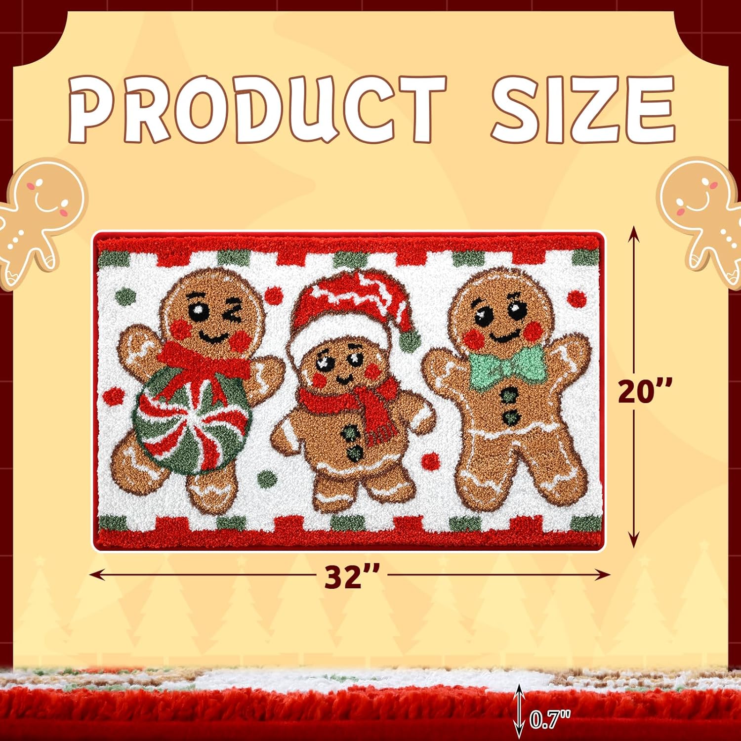 Christmas Gingerbread Bath Mat 20x32 Inch, Winter Soft and Absorbent Tufted Xmas Candy Cane Bathroom Rug Non Slip Washable, Christmas Bathroom Decor Rug Holiday Decorations
