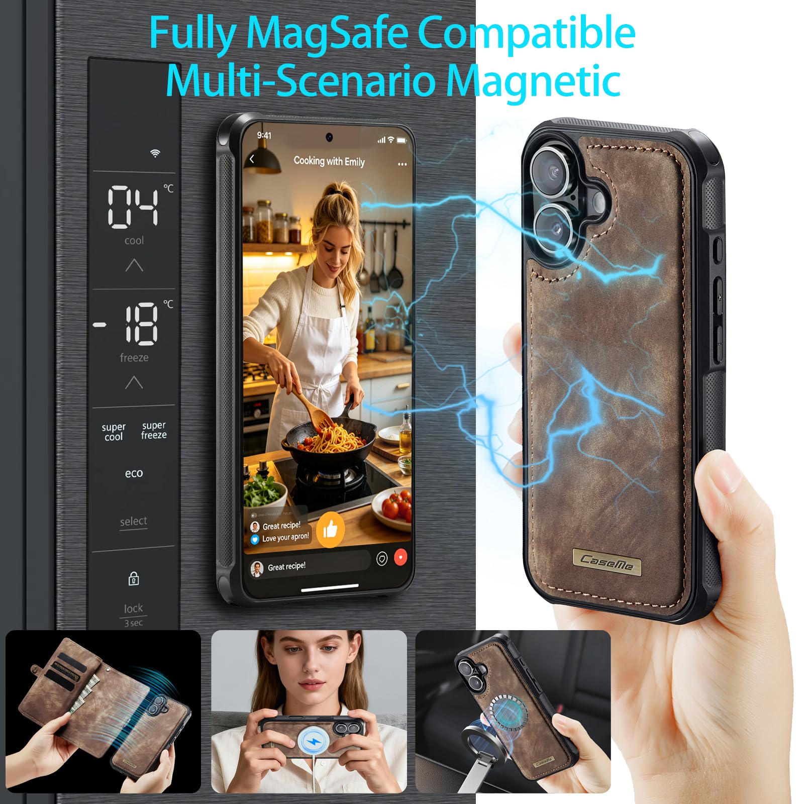 Custodia a portafoglio compatibile con iPhone 17 con Magsafe con cerniera e cinturino per carte di credito Custodia posteriore protettiva magnetica staccabile per iPhone 17 5G da 6,3 pollici