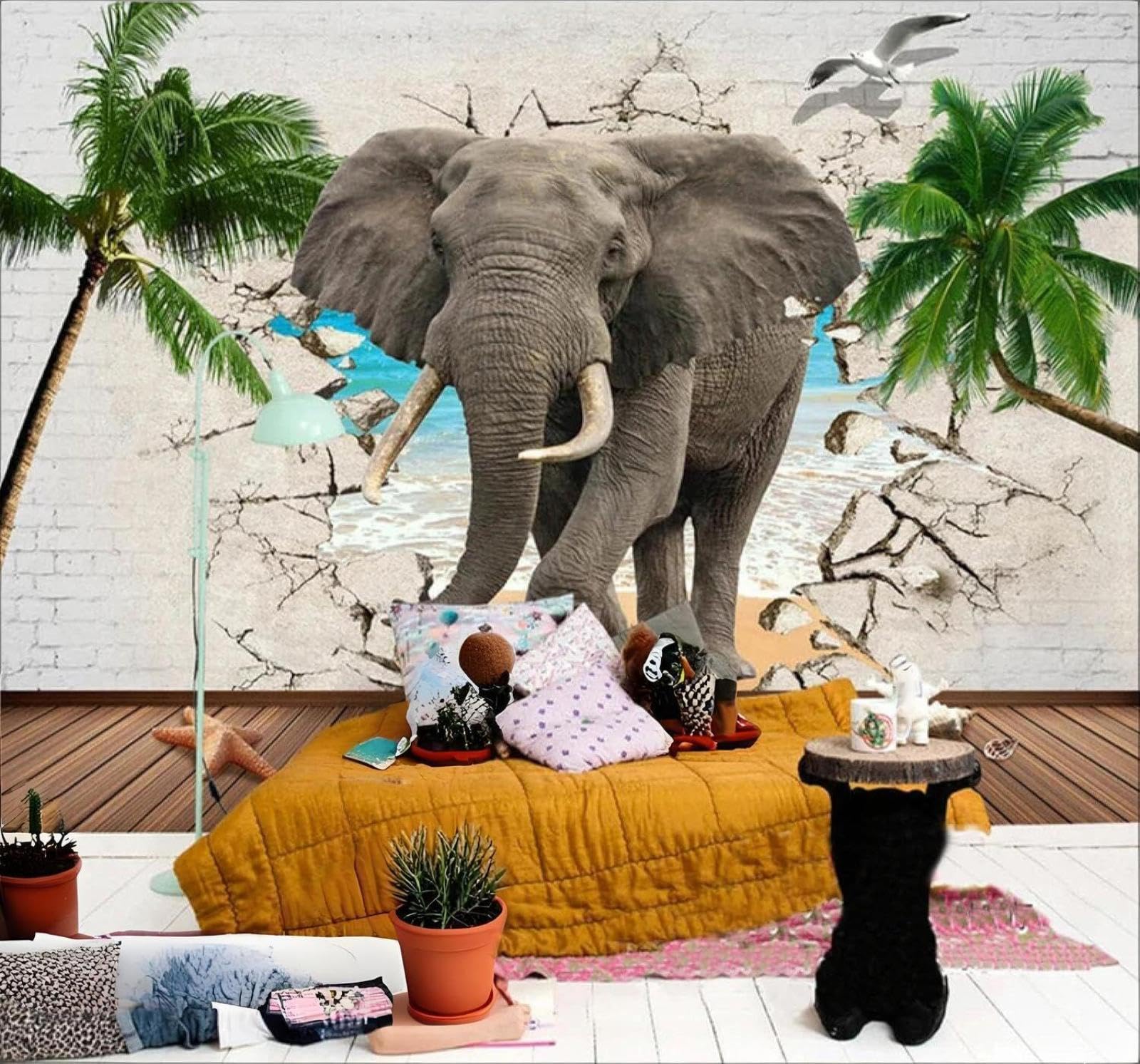 Xlming 300Cm×210Cm(B×H) Elephant Broken Wall Coconut Trees Sea Landscape 3D Wallpaper Premium Textured Silk Study Dining Living Room Bedroom Sofa Tv Wall Easy Install-300Cm×210Cm