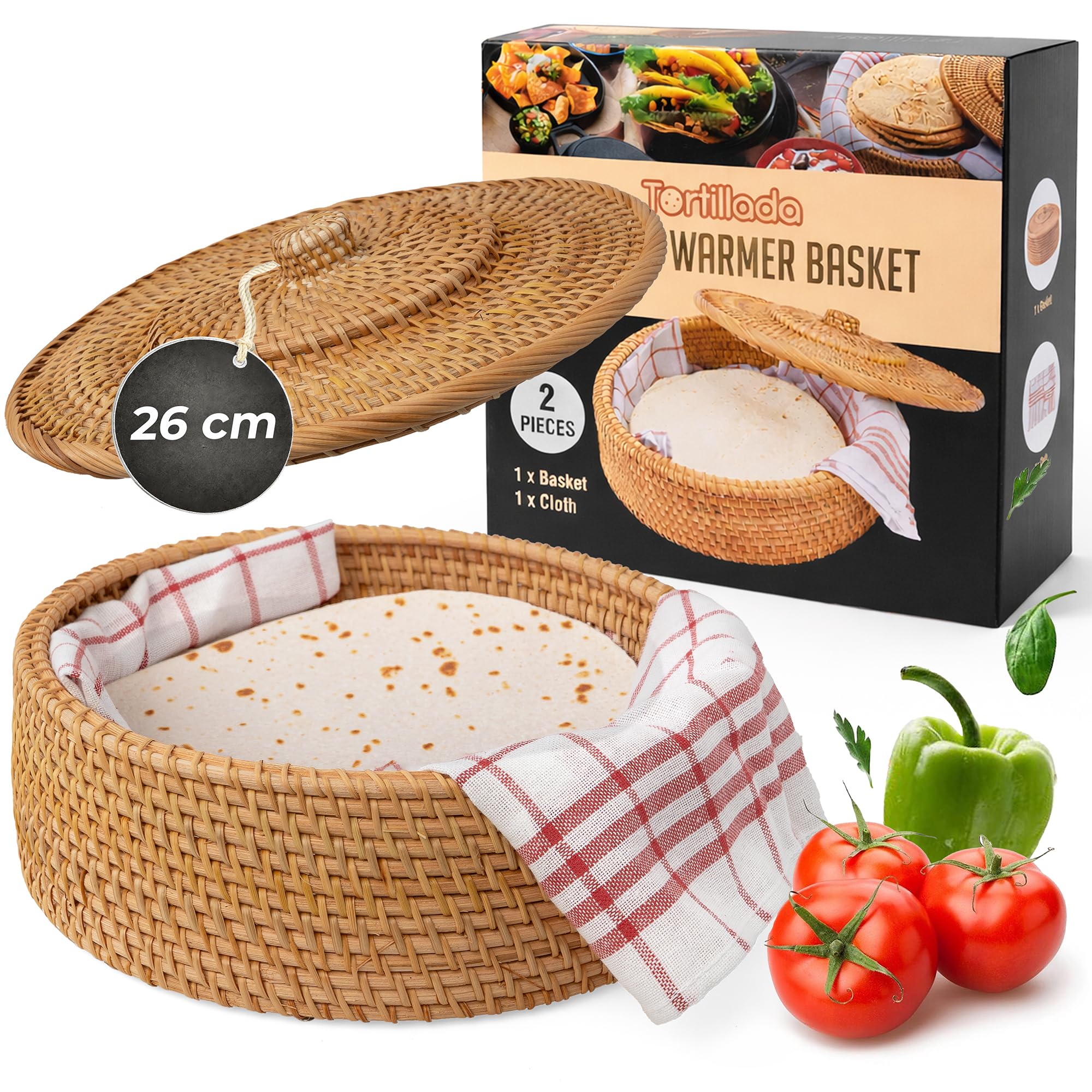 Tortillada - Chauffe Tortillas 26 cm Rotin – Panier à Pain Fait Main pour Tortillas, Wraps et Pain Plat – Avec Tissu en Coton, Garde les Aliments Chauds