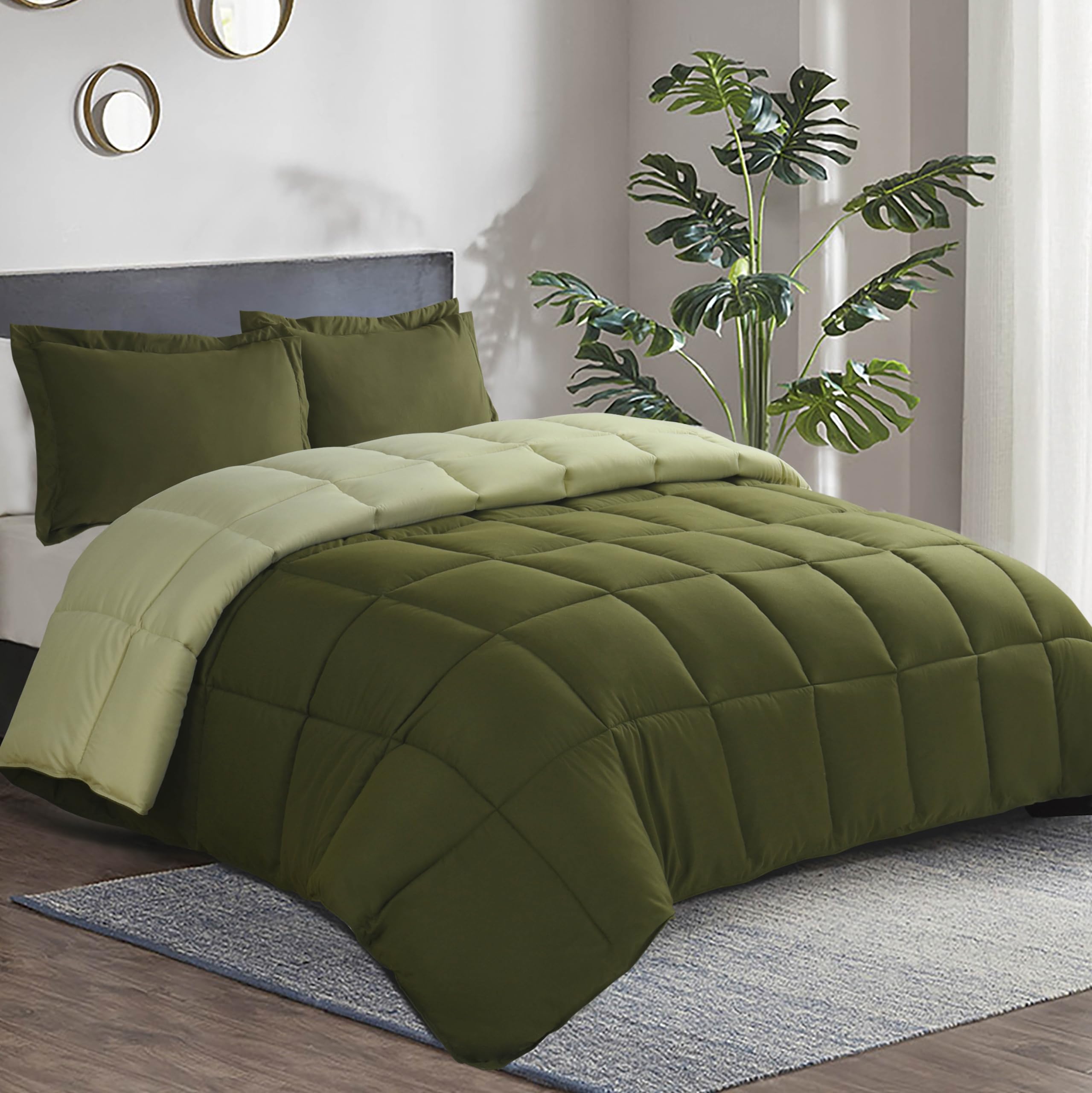 HIG 3 Pieces Olive Green Reversible Coverless Duvet King - 240 x 220cm - OEKO-TEX Certified - 10.5 Tog Duvet with Corner Tabs - Down Alternative Comforter with 2 Shams - Machine Washable