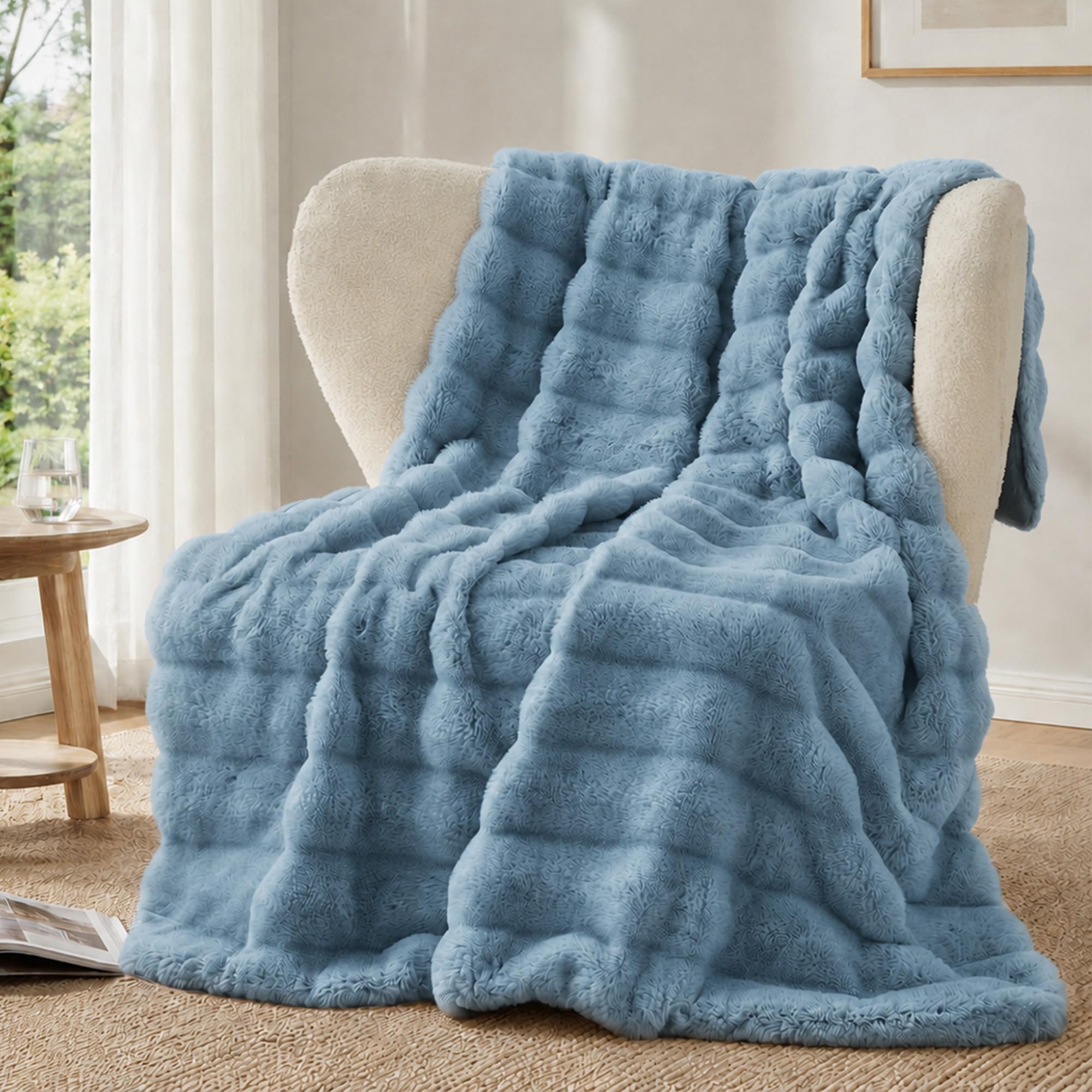 Battilo Blue Grey Faux Rabbit Fur Throw Blanket, Super Soft Fuzzy Cozy Rabbit Fluffy Fur Blanket, Luxury Warm Thick Plush Bubble Blankets for Bed Sofa Couch Home Decor, 125x150cm