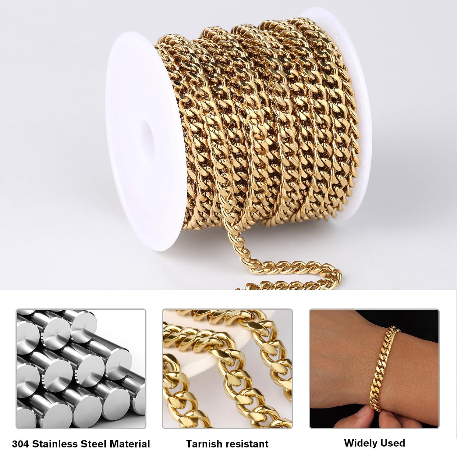 16.5FT Gold Cuban Chain Roll, 6mm 18K Gold PVD Plated Stainless Steel Curb Link Chains Spool Bulk for DIY Craft Jewelry Making