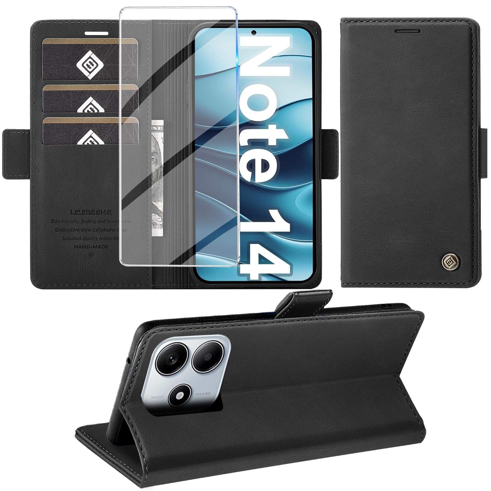 Giyer für Xiaomi Redmi Note 14 5G Hülle mit Schutzfolie (Nicht für Redmi Note 14 4G) Handyhülle PU Leder Wallet Flip Case, Schutzhülle Redmi Note 14 Klapphülle mit Kartenfach Standfunktion (Schwarz)