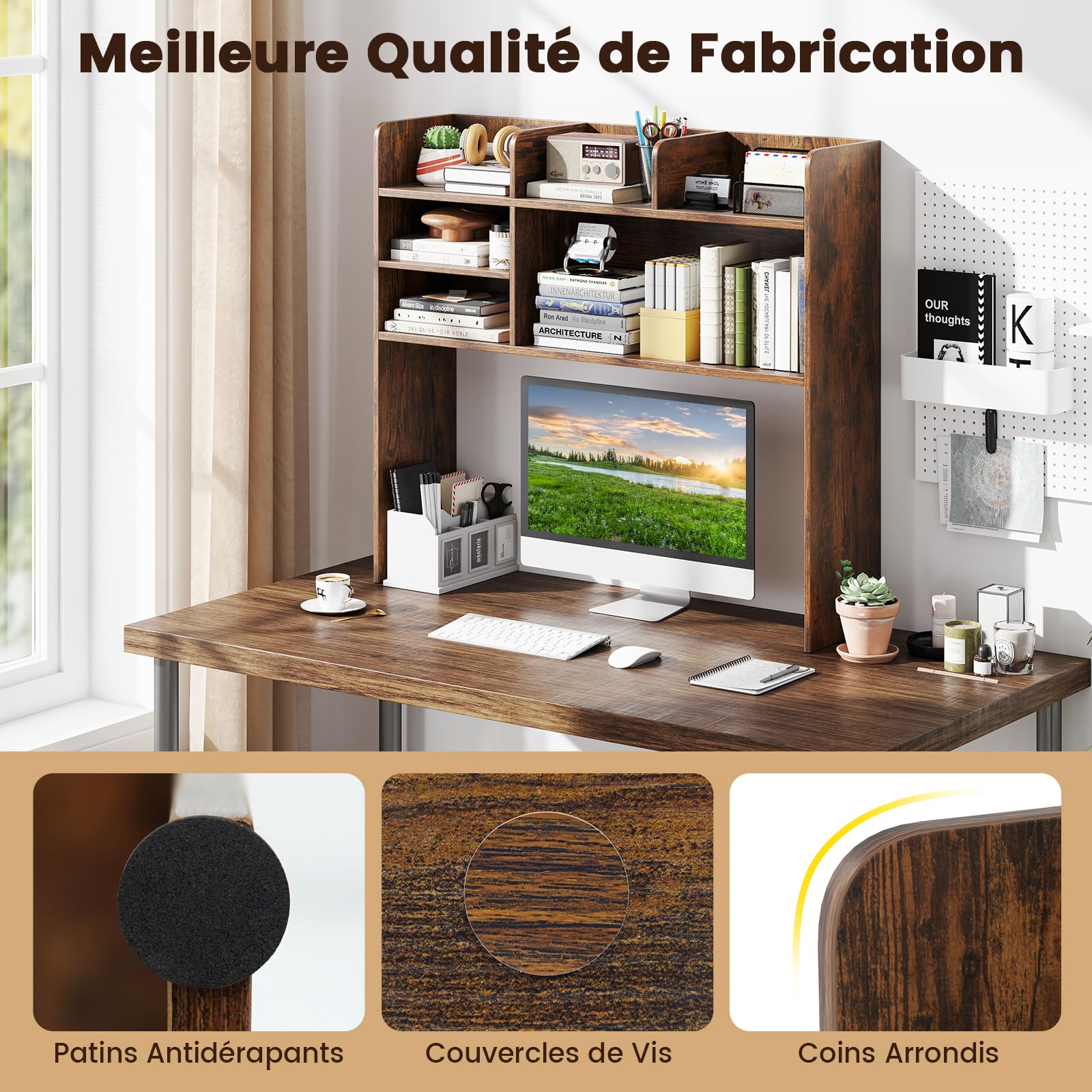 GOPLUS Etagere Bureau a Poser sur Meuble, 94 x 24 x 85 CM, Bibliothèque Bureau en Bois avec 6 Compartiments Ouvert et Ajustable, Kit Anti-Basculement, Pieds Antidérapants, Idéal pour Cuisine (Brun)