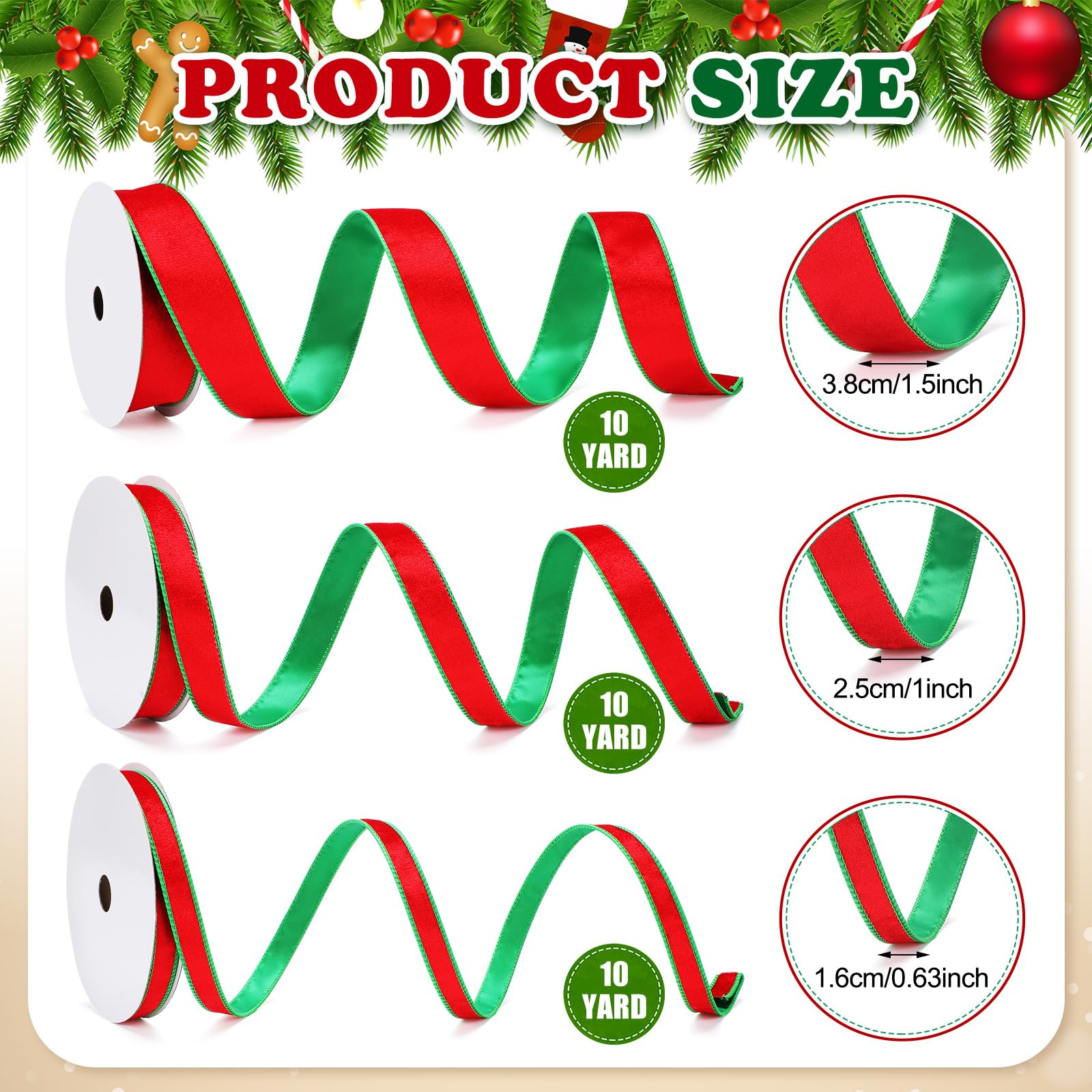 Yunlly 3 Rollen Weihnachts-Samtband mit Draht, 1,5 cm, 2,5 cm, 3,8 cm, doppelseitiges Samtband für Baumdekoration, Geschenkverpackung, Handwerk, Kränze, insgesamt 27,7 m (rot und grün)