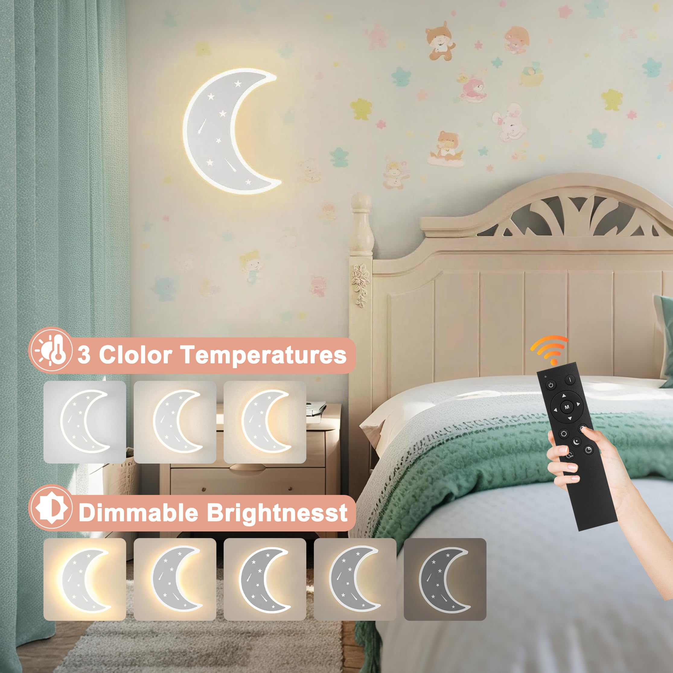 KZT Applique Murale Interieur LED Dimmable avec Télécommande Lampe murale avec Prise Lampe de Chevet Lune Veilleuse Enfant pour Chambre de Bébé Fille ou Garçon, 3000K-6000K, Blanc