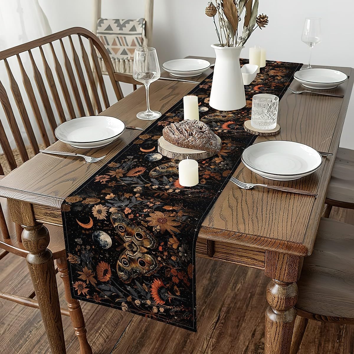 Erosebridal Gothic Moth Kids Table Runners Bohemian Mushroom Tabletop Decor for Boys Teens Adult Moon Butterfly Table Runner Exotic Boho Galaxy Dresser Scarf for Home Party Indoor, 13X120 Inch