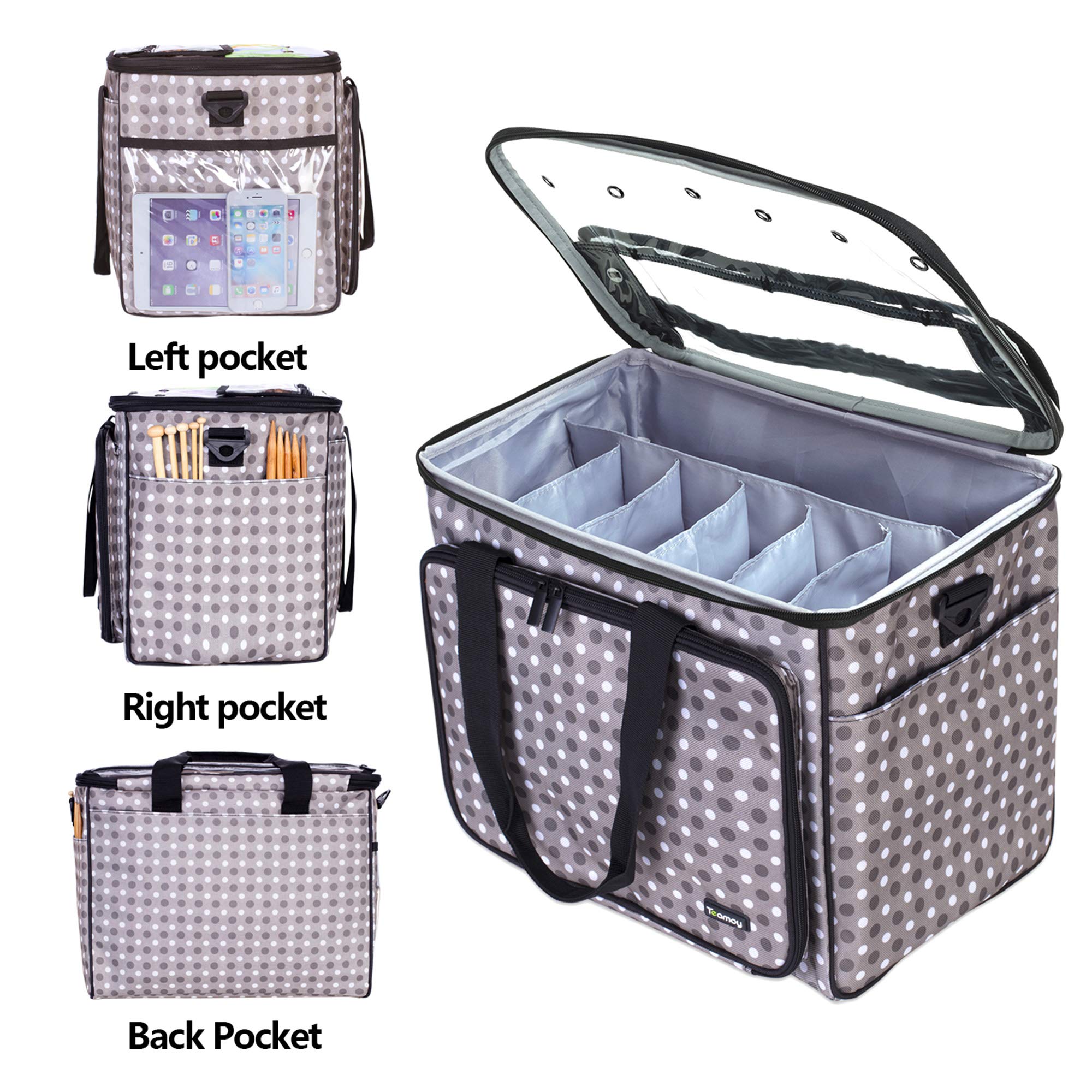 Teamoy Sac de Rangement pour Laine, Organiseur d'Outils de Couture de Grande Capacité, Étui de Transport pour Crochets, Pelotes, Aiguilles à Tricoter et Autres Accessoires, Pois Gris