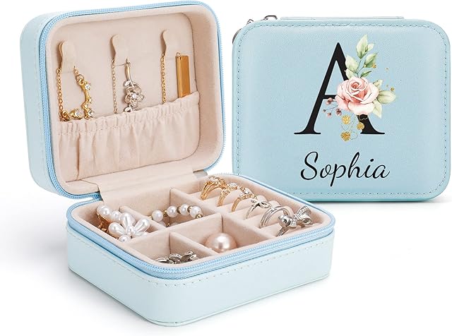 xuanbeauty Personalized Jewelry Travel Case with Name and Alphabet Flower, Custom Travel Jewelry Box Small Jewelry Organizer for Rings Earrings Necklace Girls Bridesmaid Proposal Gifts