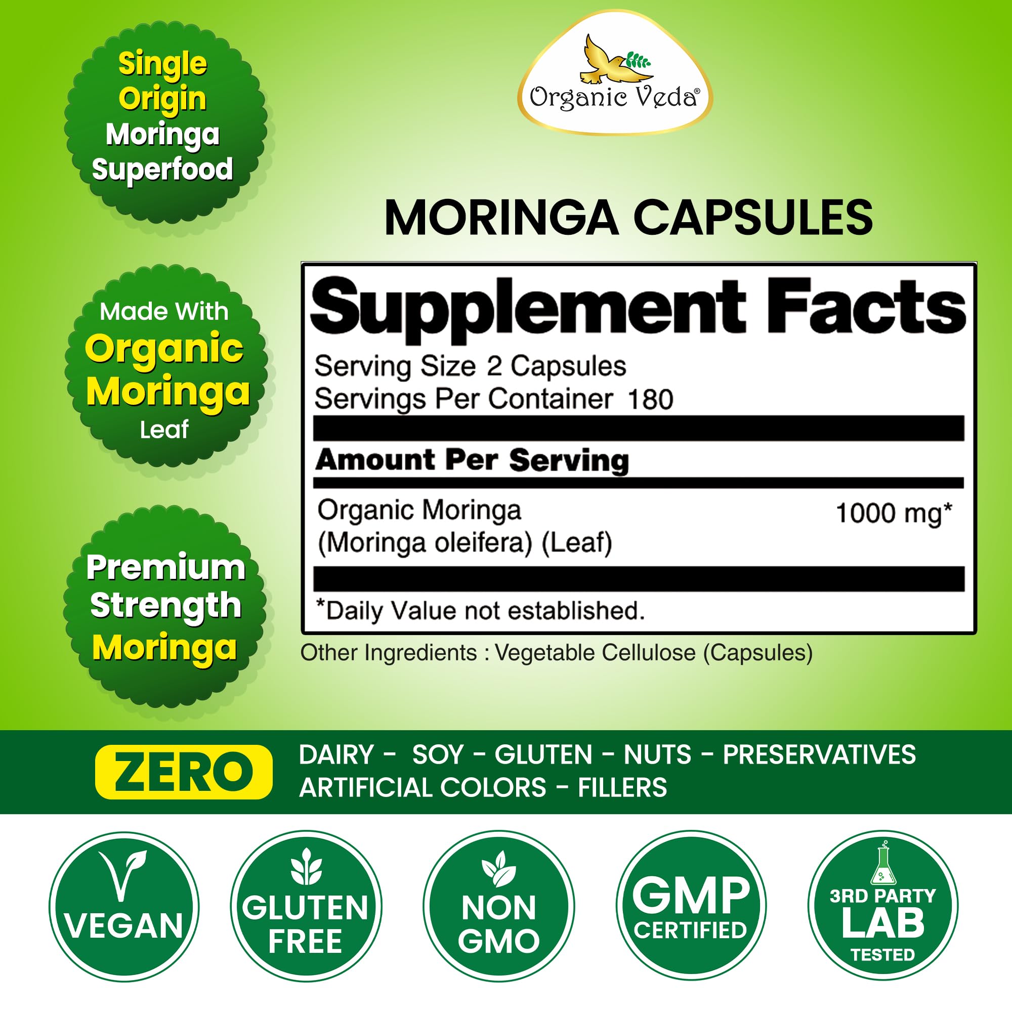 Organic Veda Moringa Capsule 1000mg, 6 Months Supply - True Green Pure Organic Moringa Leaf Superfood - Vitamins & Antioxidants Rich Powder, Energy, Digestion, Brain & Skin Health - 360 Vegan Capsule — Amazon image 7
