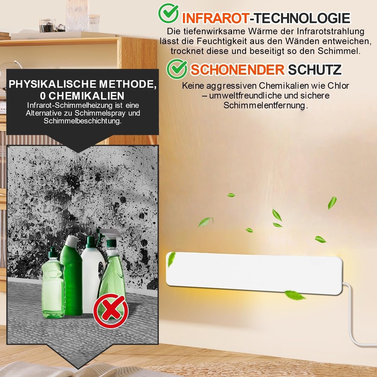 Grzejnik na podczerwień, 50 W, środek do usuwania pleśni, na ścianę, bez dodatków chemicznych, nadaje się do łazienki, sypialni i salonu (1 sztuka)