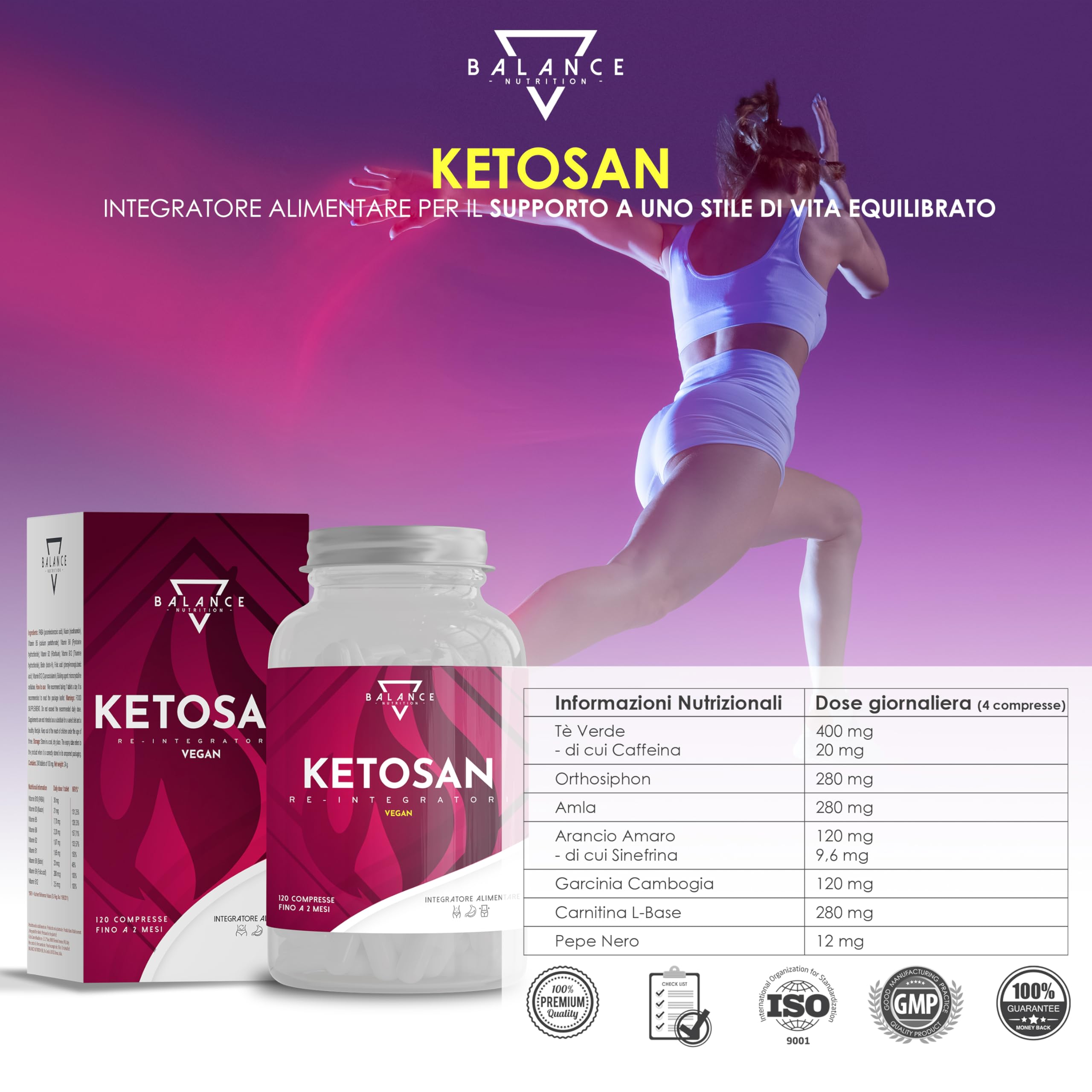 Ketosan® (PROGRAMMA ALIMENTARE INCLUSO) – Integratore Alimentare Multicomponente | 120 Compresse a Base di Estratti Vegetali | Tè Verde, Orthosiphon, Garcinia Cambogia, Piperina | 100% Vegan