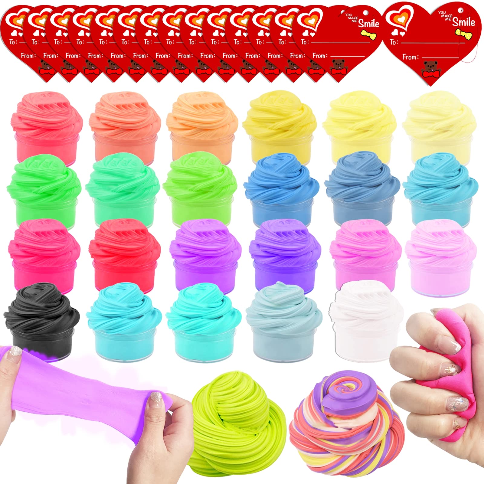 AMENON 28 Pack Butter Slime Kit Valentines Day Gifts with 32 Kids Valentine Exchange Cards Fluffy Putty Colorful Stress Relief Toy Valentines Toy for Kids Classroom Exchange Gifts School Games Prizes