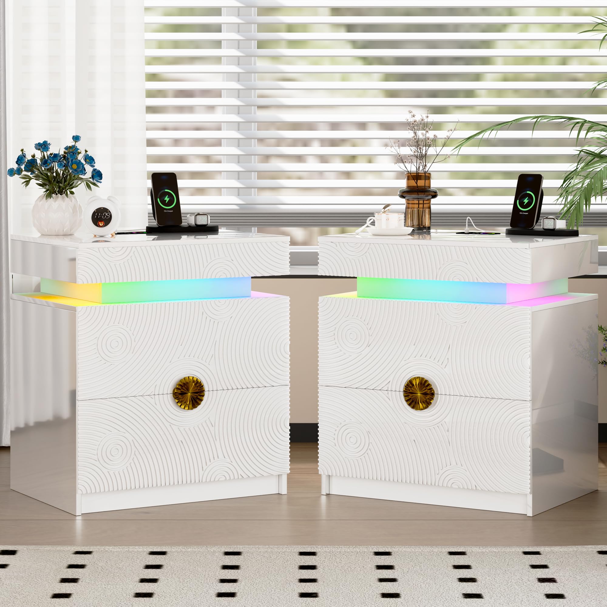 RGB Light Bedside Tables Set of 2 with Hidden Drawer for Bedroom,White