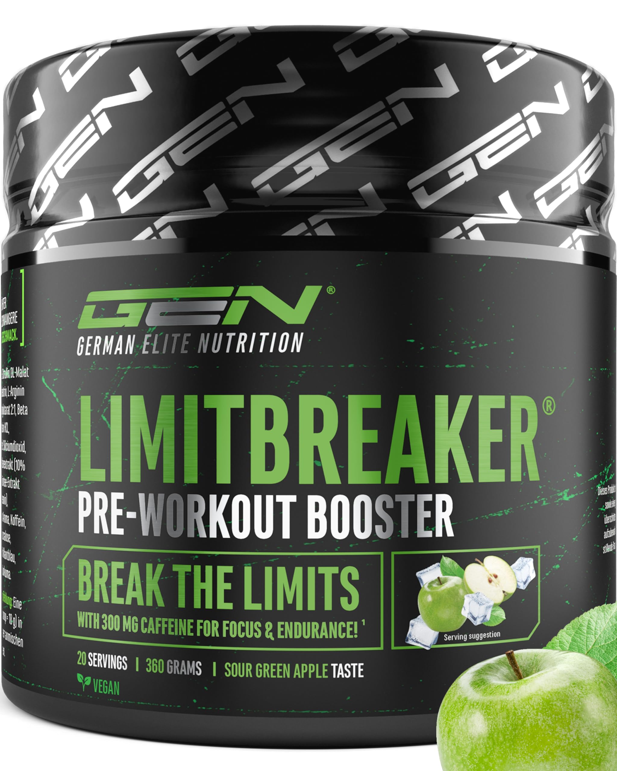 LIMITBREAKER® Pre Workout Booster avec Caféine 300 mg - Goût Pomme Verte Acide - avec L Citrulline, AAKG, Bêta Alanine & L Théanine - Haut Dosage - 360 g Poudre 20 Portions - Végan