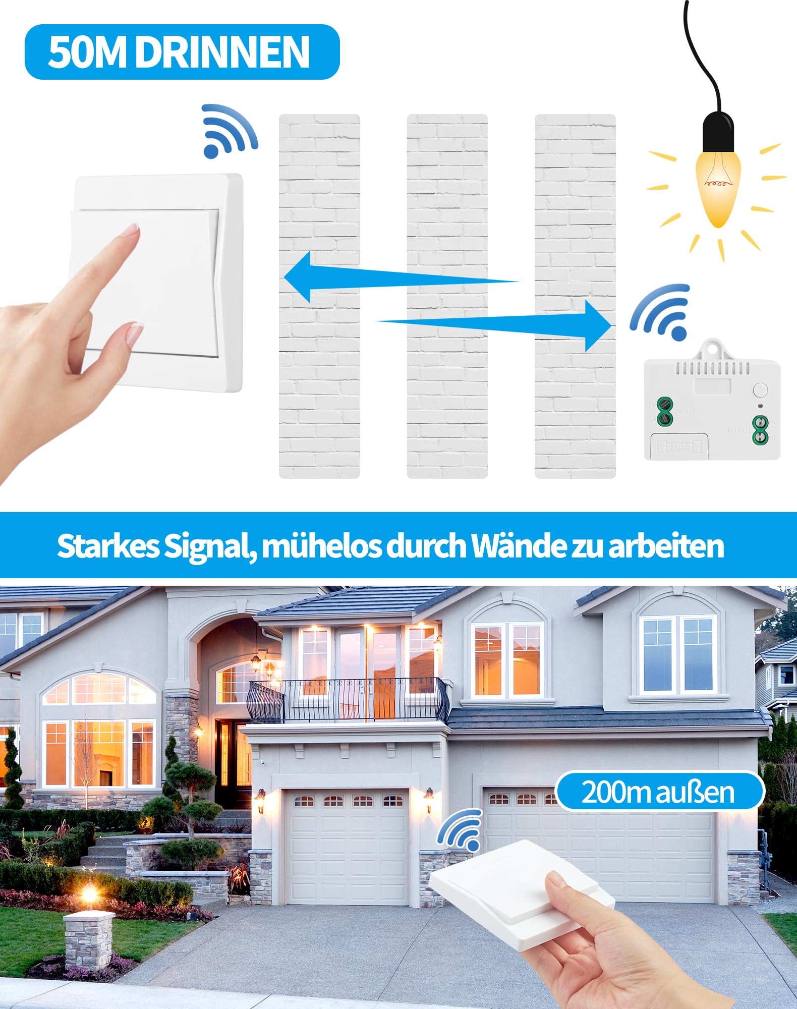 2 Funklichtschalter Ohne Batterie LAOYE 2 Funkschalter mit 1 Empfänger Batterieoser Funk-Wandschalter Keine Verkabelung 2 Lichtschalter mit 10A Empfänger Wireless Lichtschalter Fernbedienung bis 50m