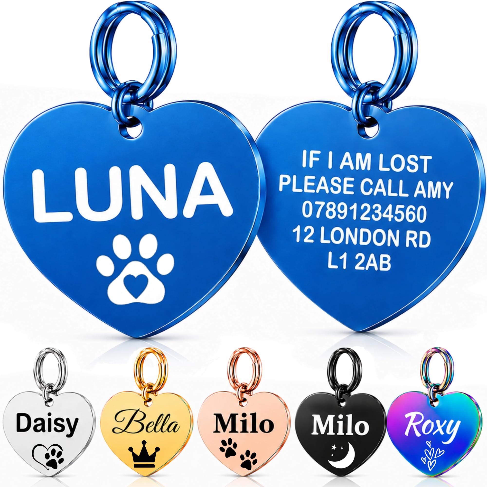 Personalised Dog Tags for Pets UK Prime, Deep Engraved Stainless Steel Cat & Dog Name ID Tags, Custom Anti-Lost Pet Tag, Scratch Rust & Fade Resistant for Puppy Kitten (Blue Heart, L)