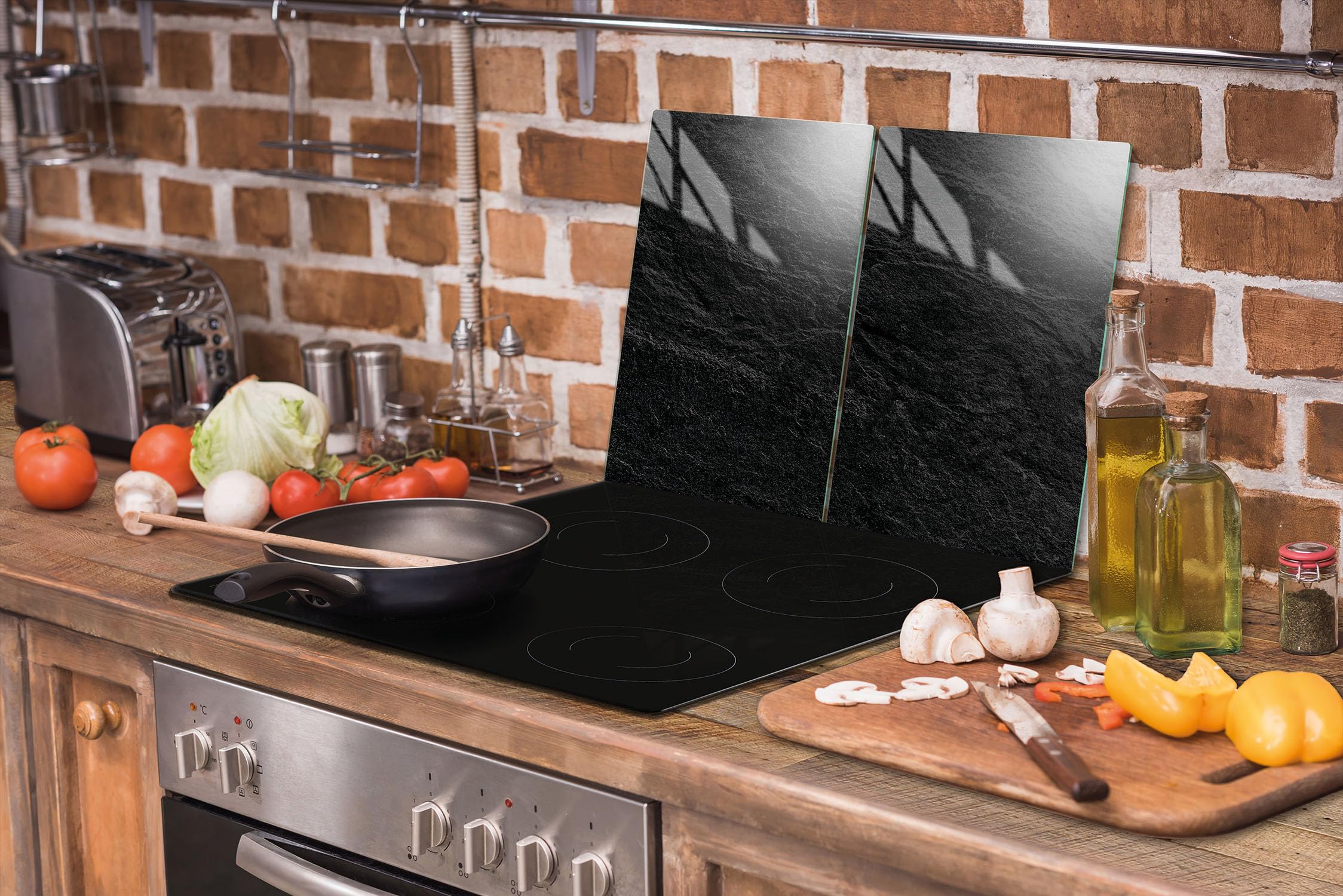 Placa protectora de vitrocerámica 2 x 35 x 52 cm 2 piezas cocina eléctrica universal para inducción protección contra salpicaduras tabla de cortar de vidrio templado, PIZARRA