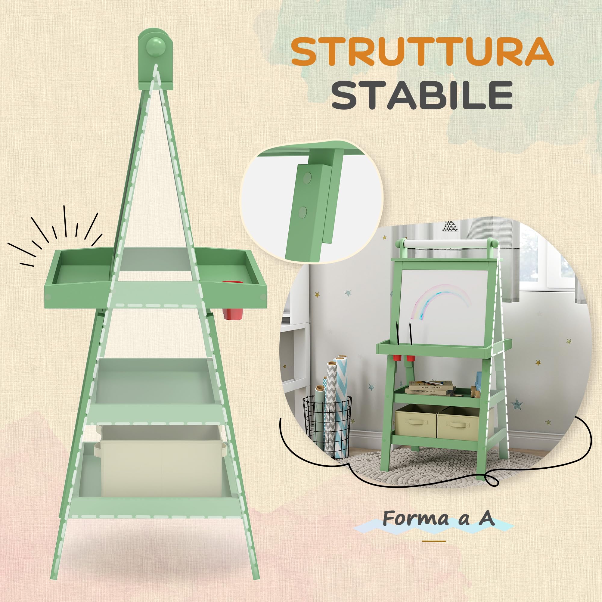 AIYAPLAY Lavagna cavalletto per bambini 3 in 1 lavagna double face bambino con pannello bianco e nero magnetico - rotolo di carta + 2 cestini portaoggetti integrati - 3-6 anni in legno verde