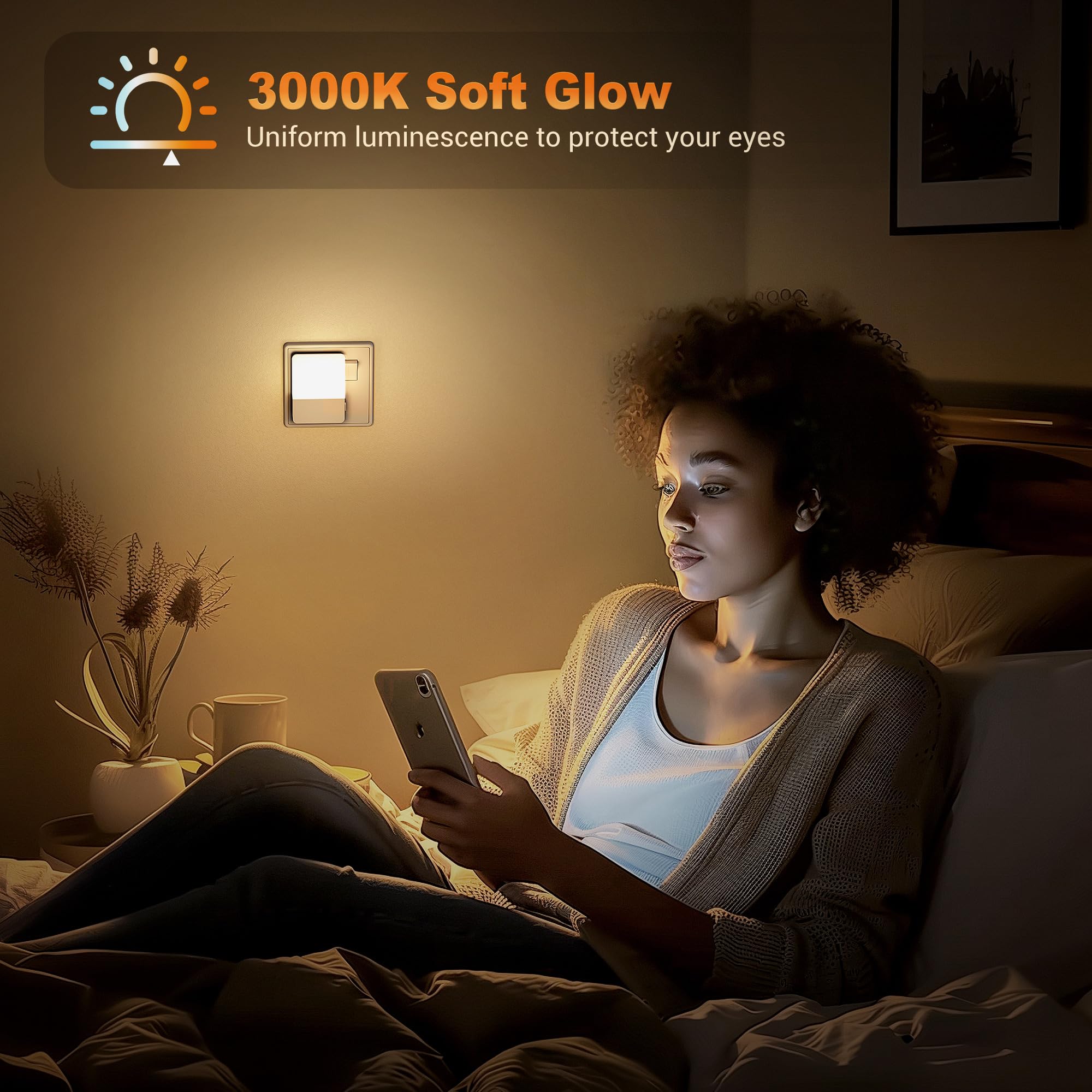 JandCase Night Light Plug in Wall 2 Pack, Dusk to Dawn Sensor, Brightness Adjustable, 3000K Warm White - Image 4