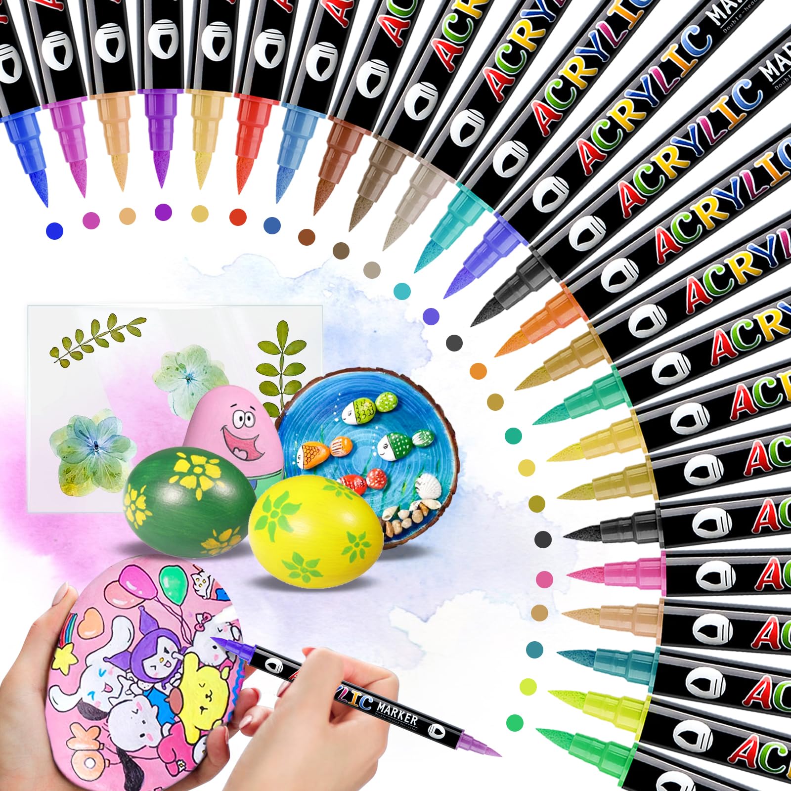 WuGU 24PCS Rotuladores Acrilicos Permanentes, 48 Colores, Pincel Doble Punta, Impermeable Rotuladores Lettering de Pintura Acrílica para Pintar Piedras, Tela, Cerámica, Vidrio, Madera, Metal