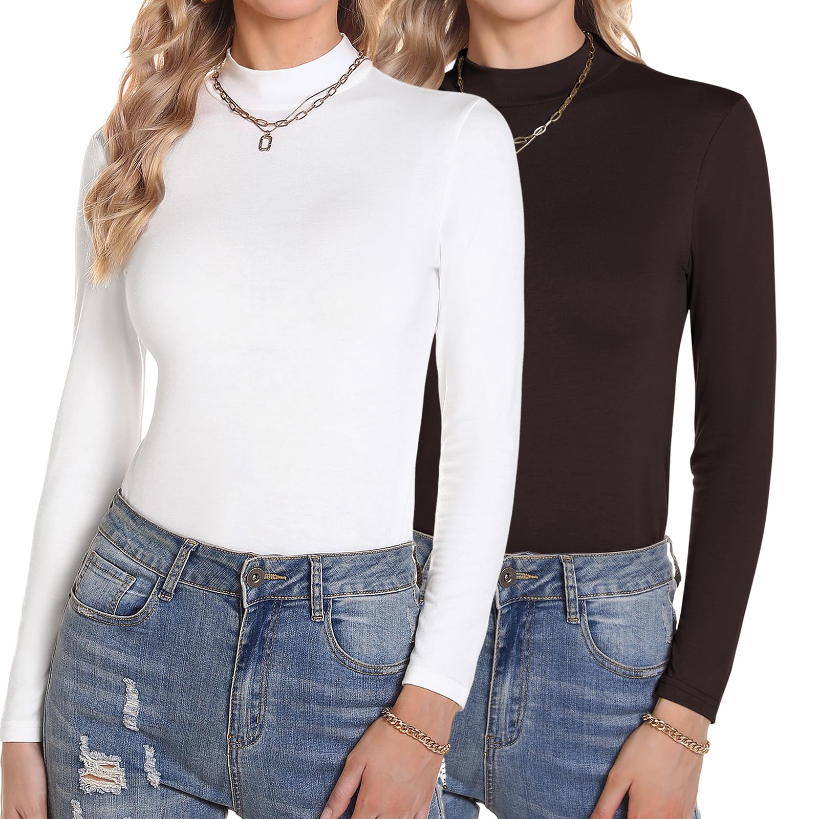 Aottori Damen 2 Pack Langarmshirt Set Stehkragen Rollkragenshirt Baumwolle Elegant Basic Oberteile Langarm Unterhemd Winter T-Shirt Stretch Tops