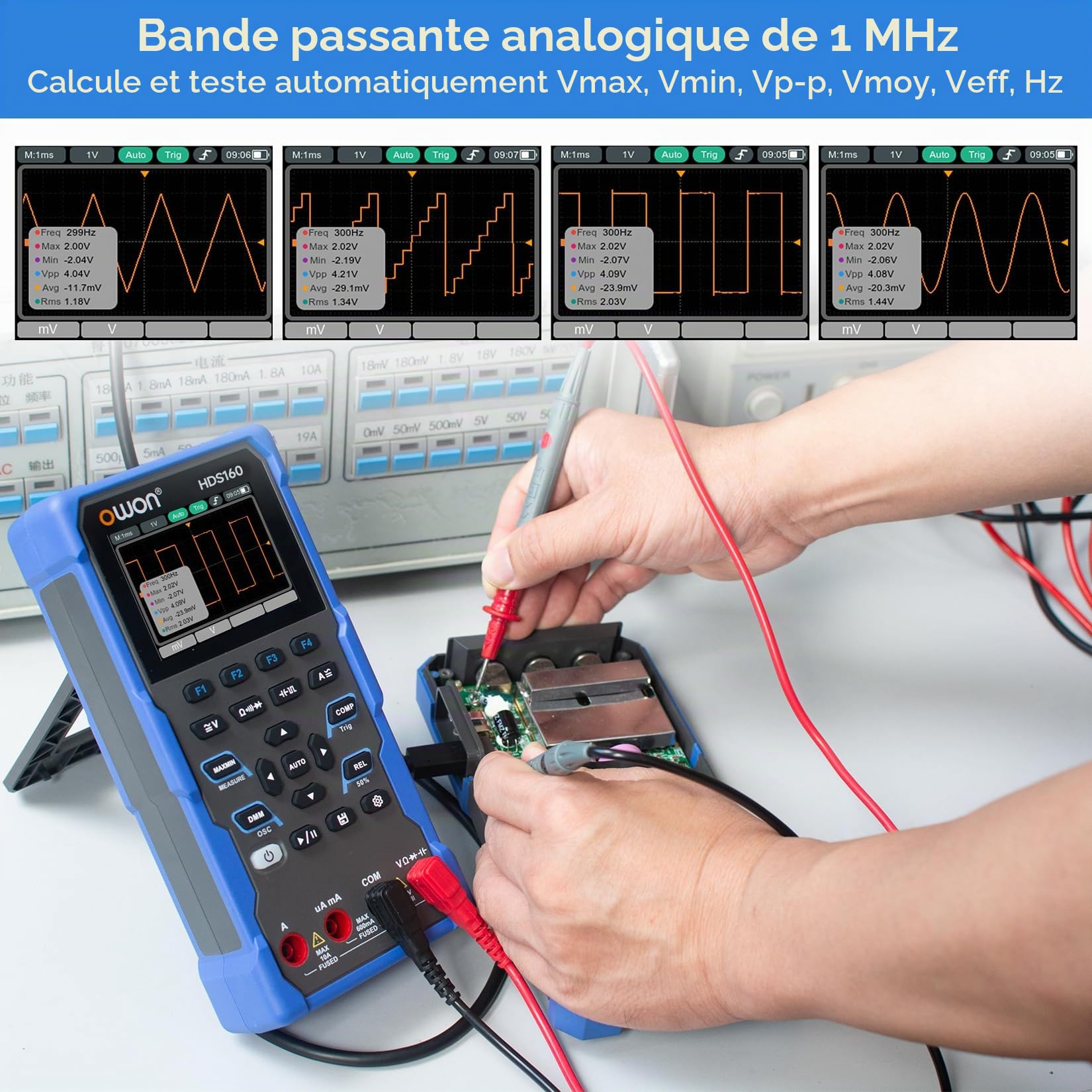 OWON HDS160 Oscilloscope multifonction 2 en 1, bande passante MHz, écran IPS 2,8 pouces, 60000 points, multimètres numériques 4 1/2 pouces et oscilloscope numérique 1 canal