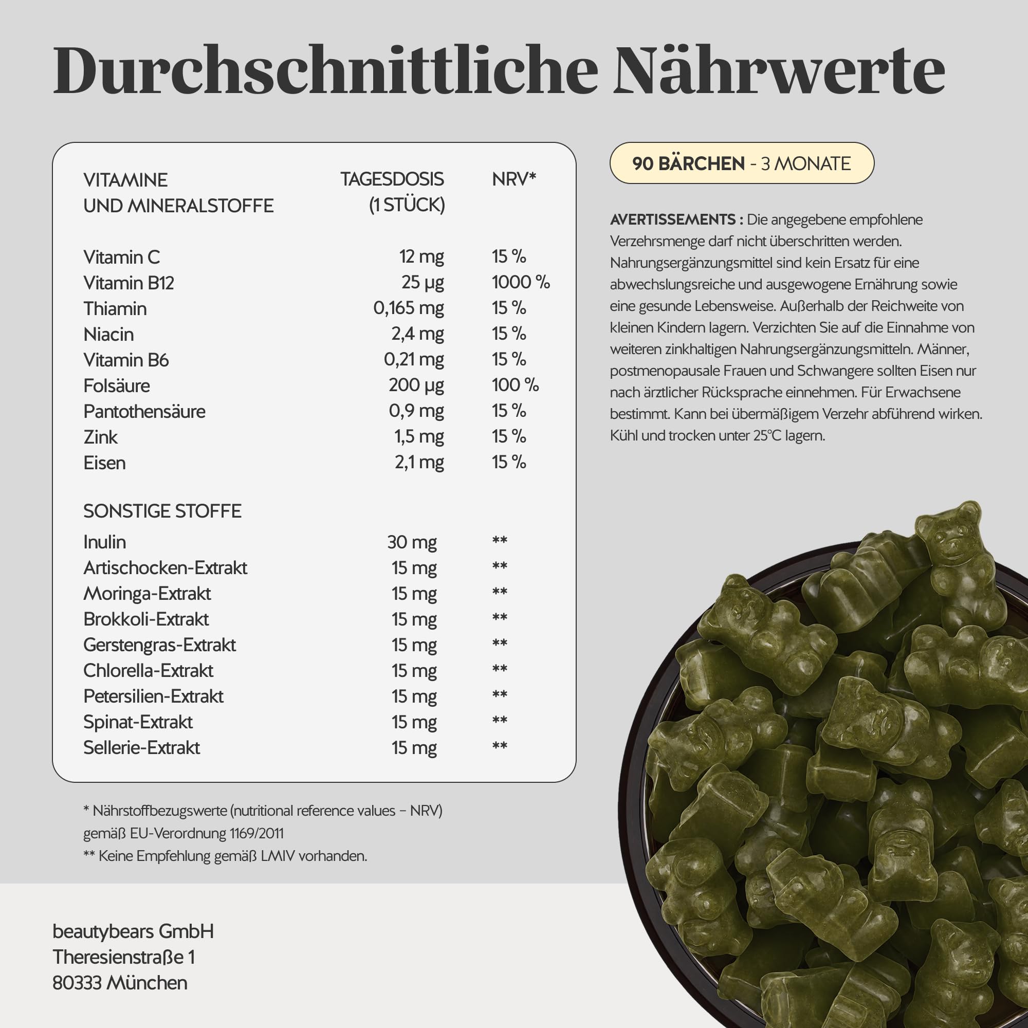 Bears with Benefits - Gummibärchen Moringa - Immunsystem - 90 Stück | Daily Routine Greens Vitamin - Moringa, Zink, Eisen, Vitaminen C, B12 - Vorrat Für 3 monate - Ohne Zuckerzusatz, Vegan
