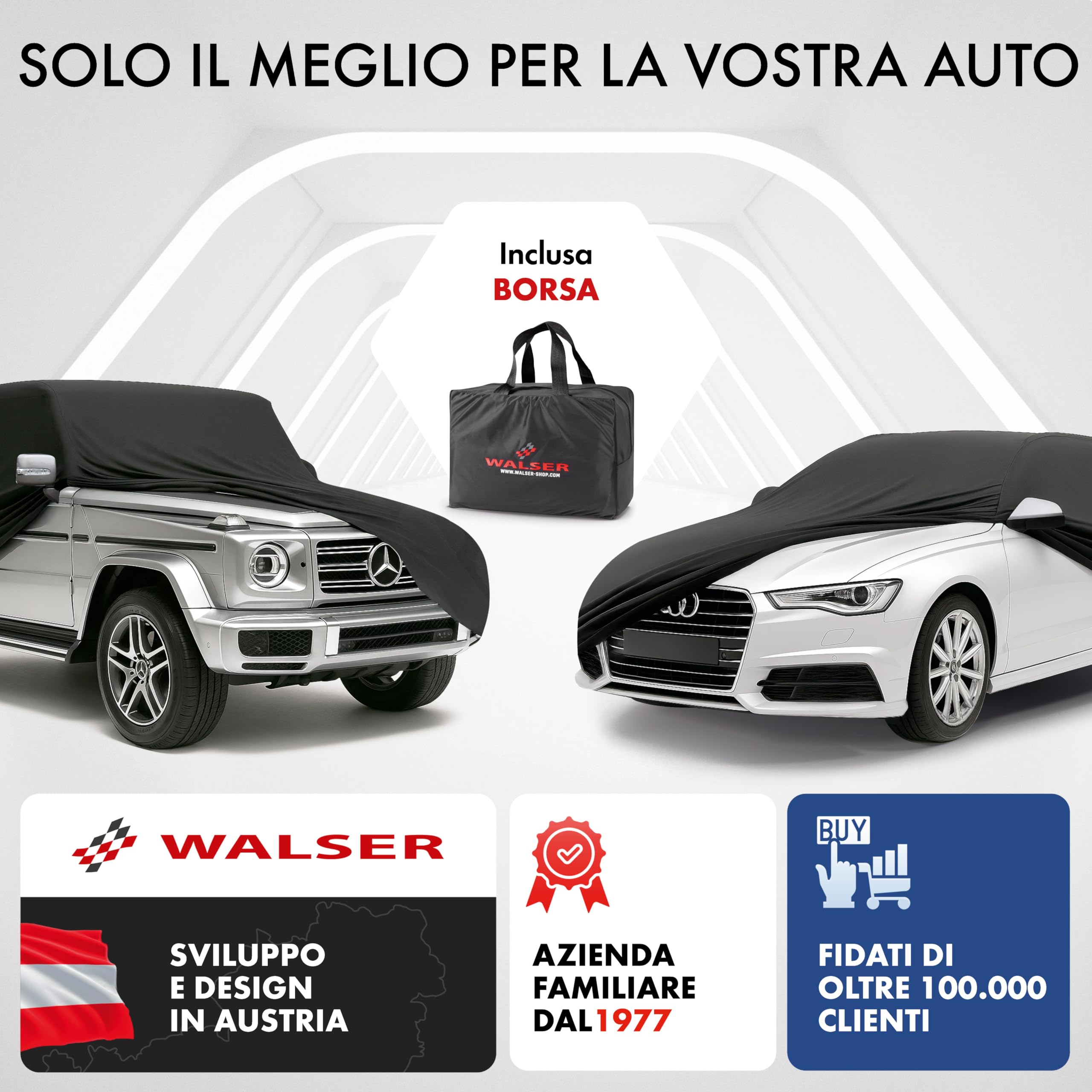 WALSER Premium Telo Copriauto da Interno Stretch Plus - Elasticizzato e Antipolvere, Morbido per Uso Interno, Copertura Protettiva per Auto, Misura 1, Rosso