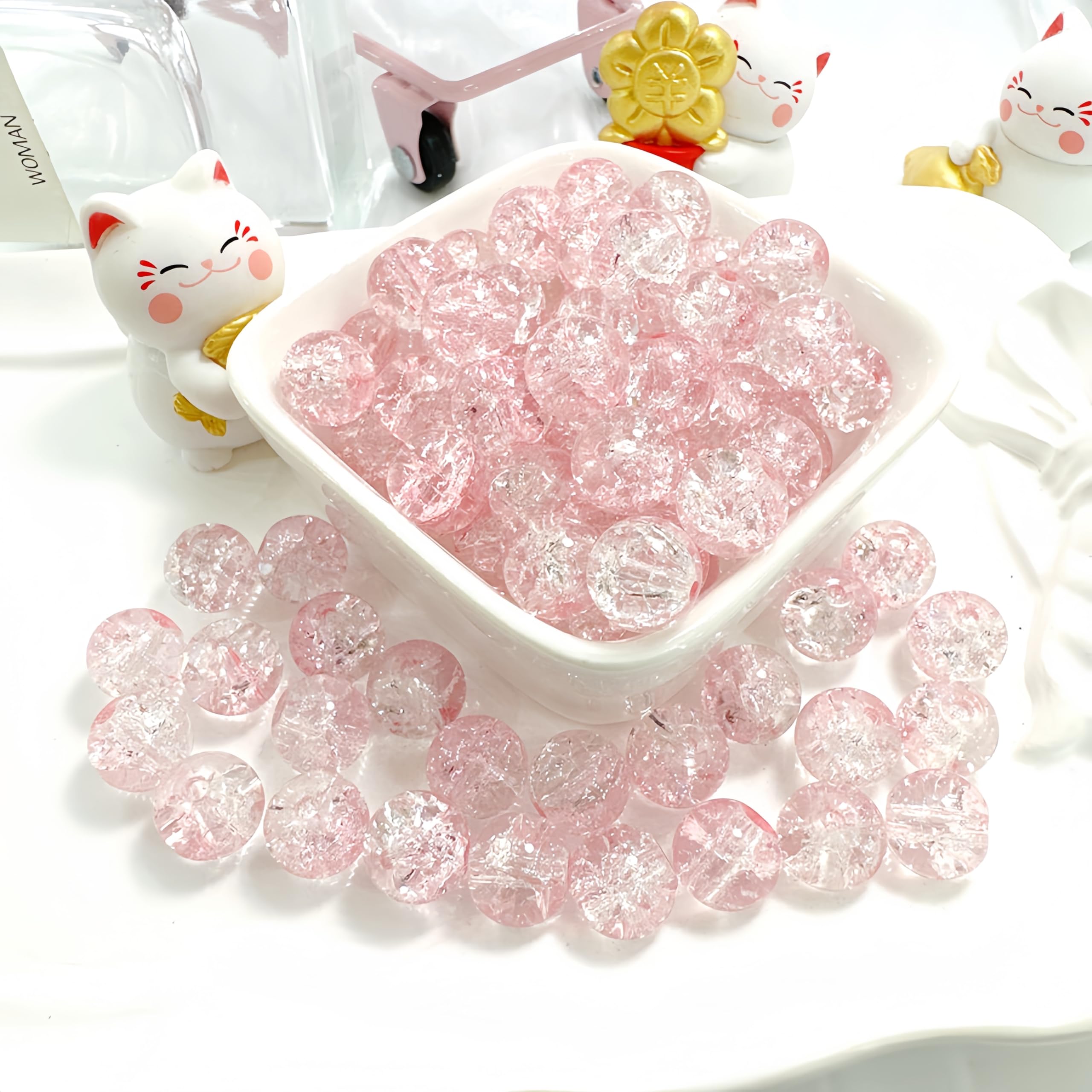 100Pcs 10mm Crackle Glass Beads with 2mm Hole - Smooth Round Beads for Bracelet Making, Jewellery Crafting Supplies for Necklaces, Earrings DIY (Light Rose Pink)