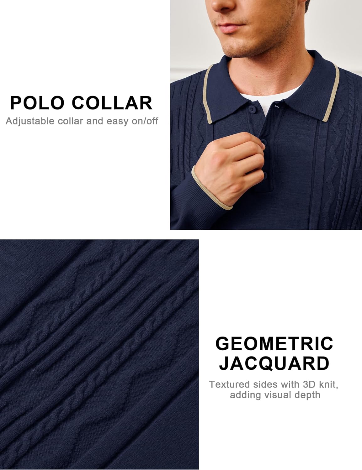Cotrasen Mens Knit Polo Sweater Long Sleeve Textured Casual Collared Button Sweater Ribbed Lightweight