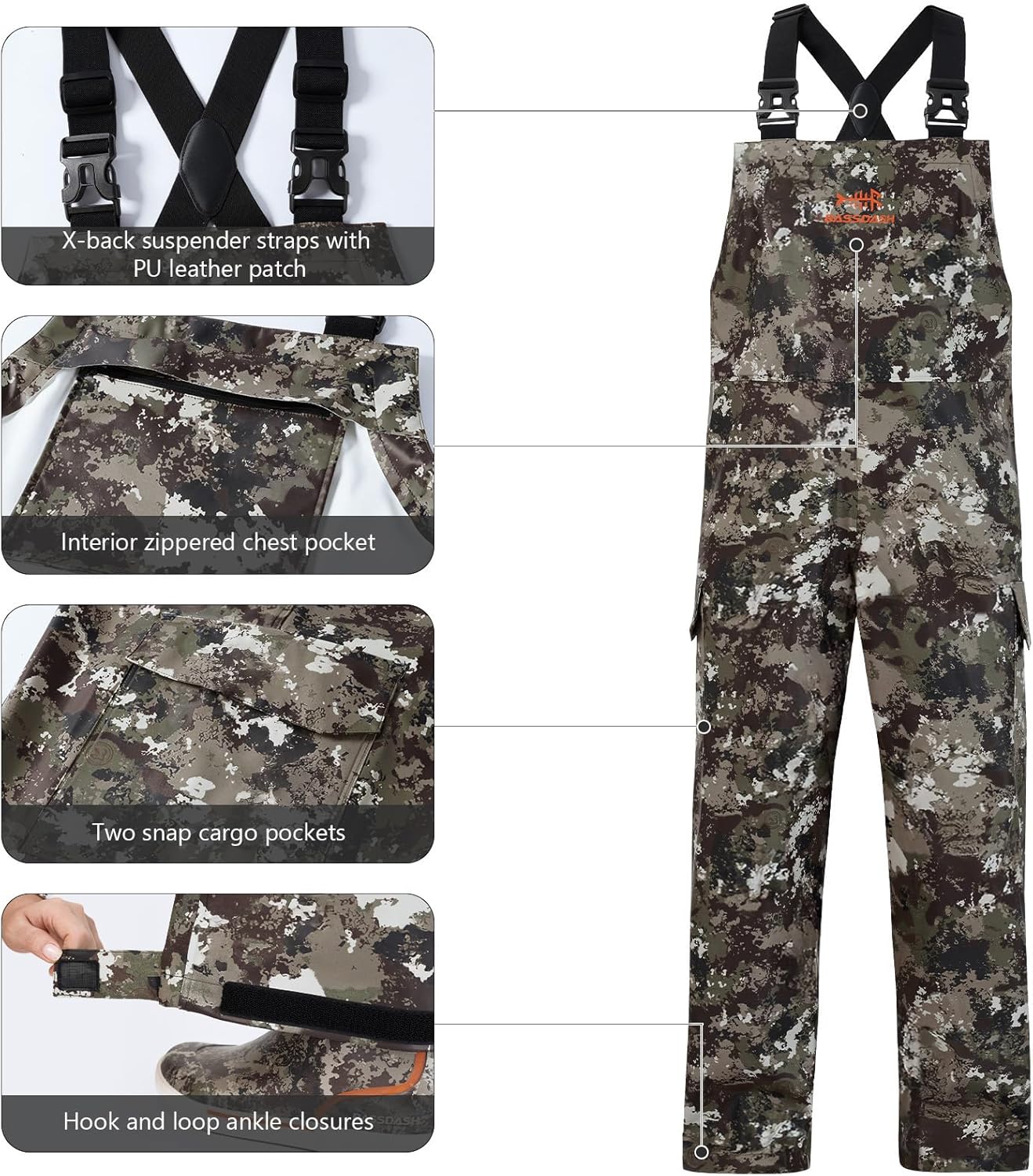 BASSDASH Men’s Waterproof Fishing Bibs Stain Resistant Rain Pants Adjustable Lightweight Pu-Coated Workwear Overalls - Image 3