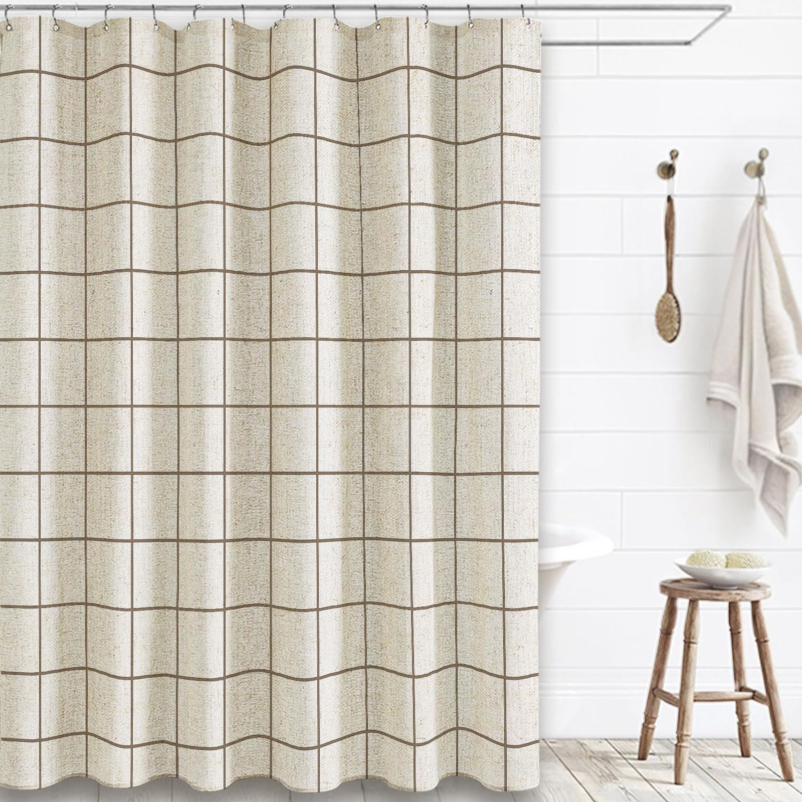 Photo 1 of WOUVMA Farmhouse Plaid Shower Curtain Beige Linen Shower Curtains for Bathroom Natural Beige Pattern 72 x 72 Inch