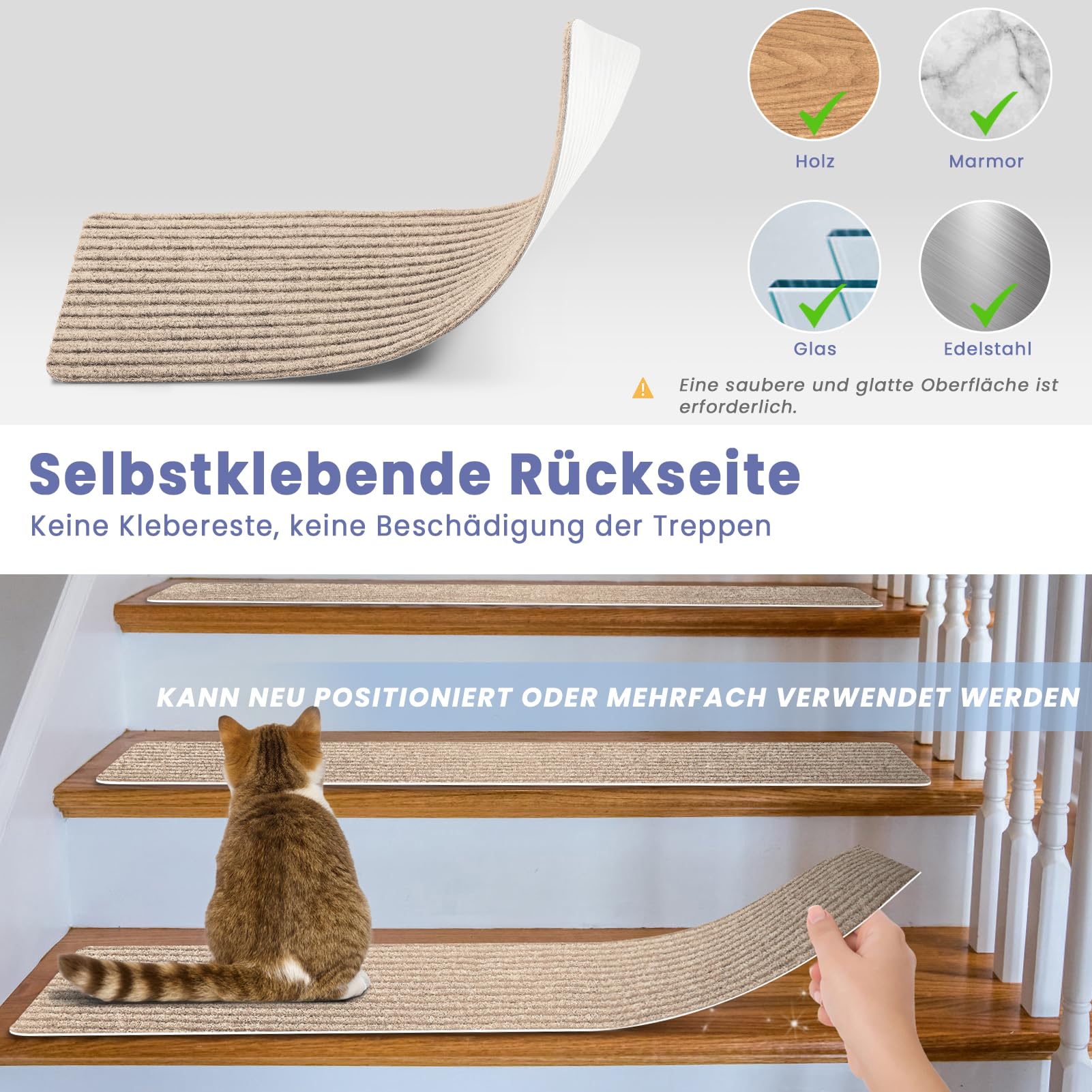 Treppenstufen Matten, Stufenmatten Selbstklebend Innen 15 Stück, Treppenstufen Antirutsch Zuschneidbar Wiederverwendbar für Schützen Sie Haustiere, Senioren Kinder (Beige, 76cm x 20cm)
